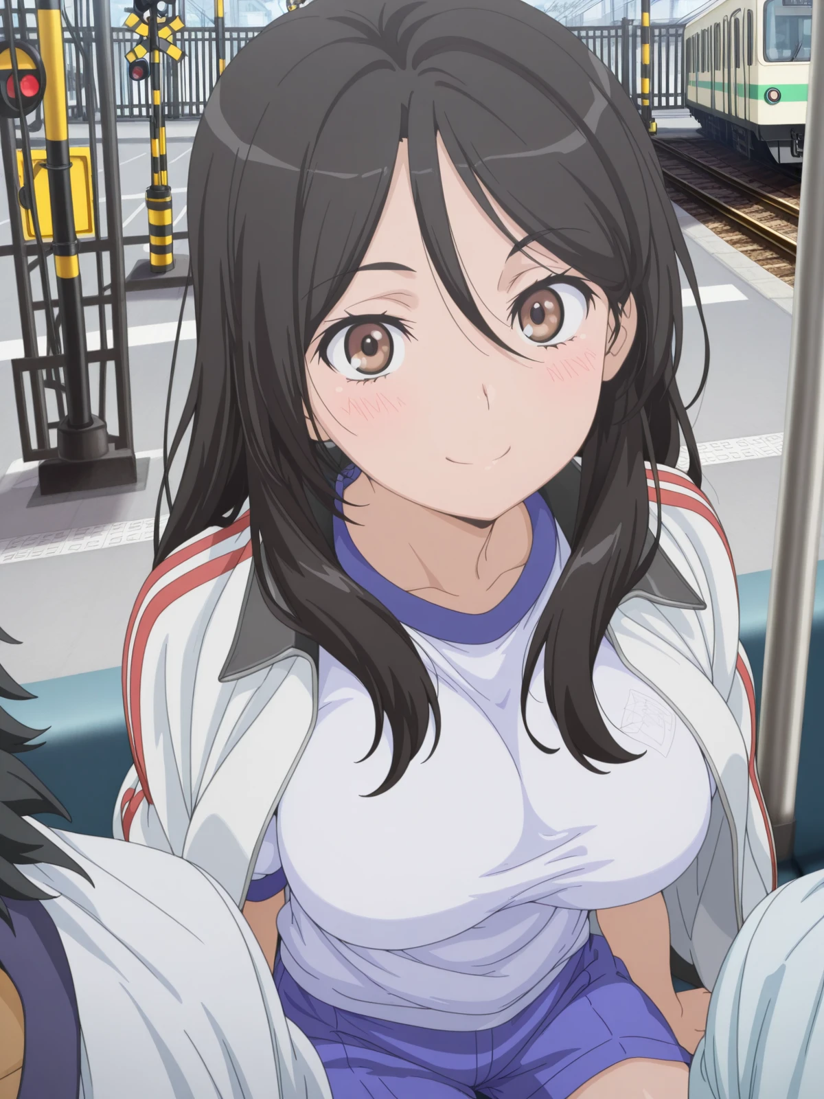 masterpiece, best quality, amazing quality,, <lora:seiri-fukiyose-indexs2-illustriousxl-lora-nochekaiser:1>, seiri fukiyose, long hair, black hair, brown eyes, hair between eyes, mature female, large breasts, anime screencap,, shirt, jacket, shorts, gym uniform, blue shorts, track jacket, jacket on shoulders, gym shorts, <lora:side-by-side-pov-illustriousxl-lora-nochekaiser:1>, side-by-side pov, side-by-side, pov, solo focus, looking at viewer, blush, smile, 1boy, sitting, pov shoulder,, railroad crossing, sign, gate, train, street, cowboy shot, solo, looking at viewer,
