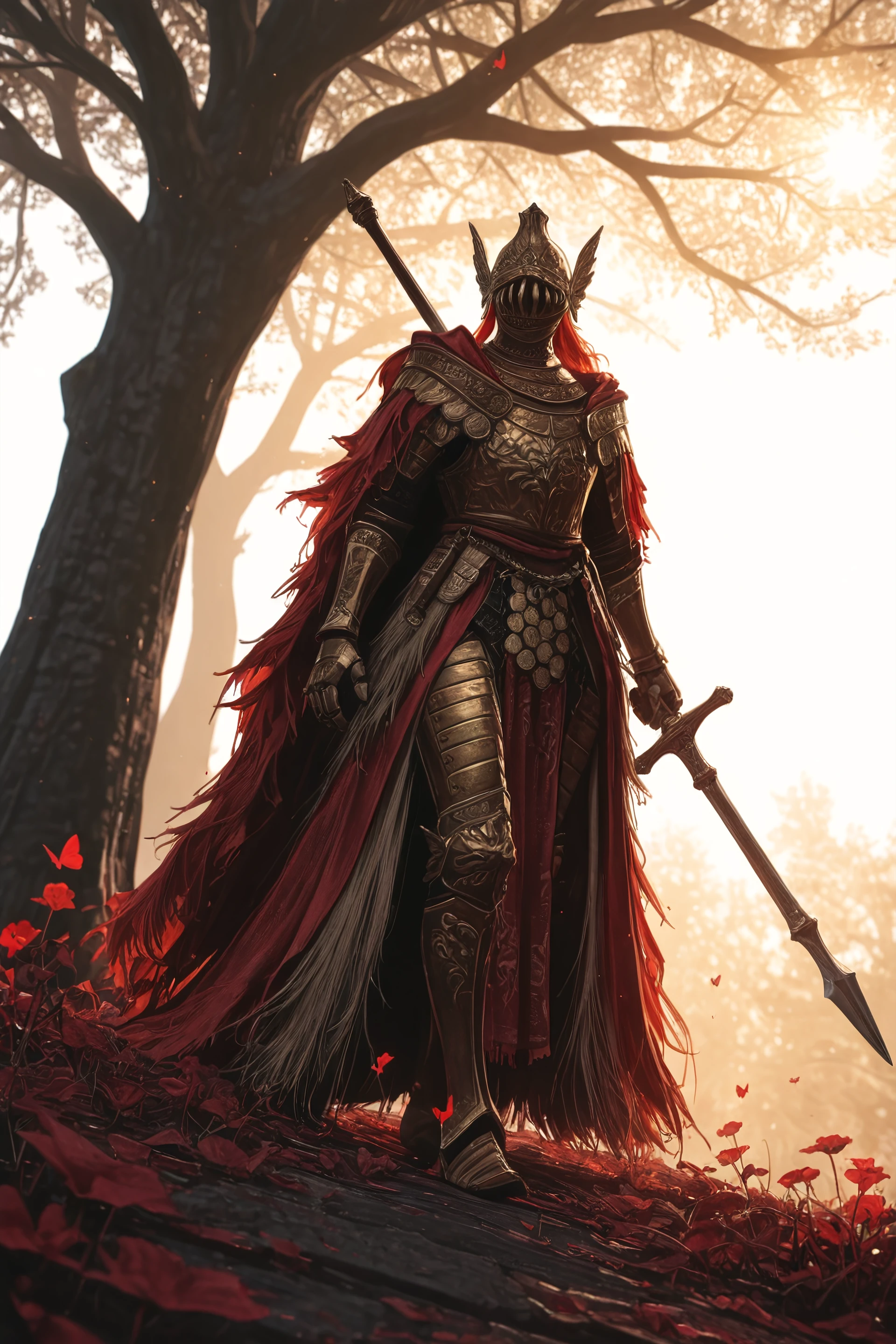 (((hyper realistic))), detailed, realistic volumetric lighting, realistic background, high quality, perfect resolution, movie shot, absurdres, high quality, masterpiece, best quality, amazing quality, very aesthetic, absurdres, newest, pixelsketcher, 4s0r4, Kenorland, kenorland, Lambdapen,
BREAK,
Male, very tall, long arms, long legs, solo, elden ring, Cleanrot Knight, Golden armor, Scarlet cape, (small visor on the helmet, curvy Vertical slit visor helm), Ornate chest armor, Etched breastplate design, Heavy iron gauntlets, Gilded armored greaves, Scarlet cloth sash, White hanging tassels, white Layered fabric skirt, Flowing red cape, Tattered battle cloak, Frayed crimson mantle,
BREAK,
walking, (Left hand: holding one Spear, Right hand: holding one sword),
BREAK,
City at day background, detailed background, warm lights, golden city, (scarlet rot), plants, giant dead tree in the background, cinematic lighting, day, sunlight, sun, crimson leaf trees, crimson butterflies, medieval city, BREAK, <lora:ILXL_Realism_Slider_v1 by klaabu @ civitai.com - thanks, cunt!:3> IllusP0s cr1sp F4st <lora:69yottea_illu_v2:0.7> 69yottea_style_illu,BREAK,White background, <lora:Cleanrot 3:1>