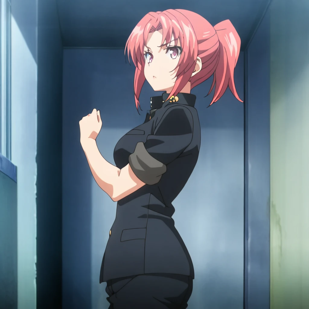 masterpiece,high score,great score,absurdres,,anime coloring,anime screenshot,1girl,solo,looking at viewer,from side,<lora:NagisaKiryuu ag4o:1> nagisakiryuu, red hair, short hair, ponytail, pink eyes,gakuran,sleeves rolled up,pants,