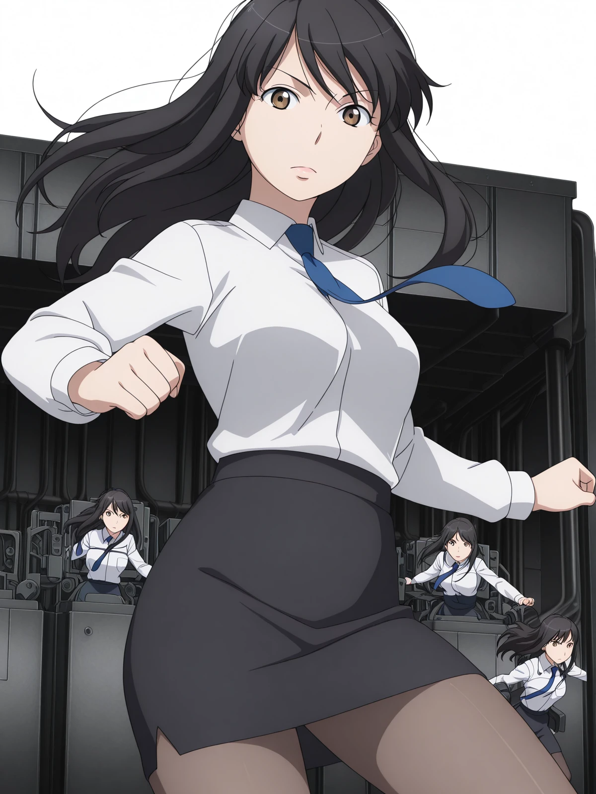masterpiece, best quality, amazing quality,, <lora:yuki-kaizuka-s1-illustriousxl-lora-nochekaiser:1>, yuki kaizuka, long hair, black hair, brown eyes, mature female, medium breasts, anime screencap,, skirt, pantyhose, necktie, pencil skirt, long sleeves, collared shirt,, <lora:dynamic-pose-illustriousxl-lora-nochekaiser:1>, dynamic pose, incoming attack, cowboy shot, factory, machines, workers, assembly, production, cowboy shot, solo, looking at viewer, <lora:transparent-background-illustriousxl-lora-nochekaiser:1>, transparent background, simple background, white background