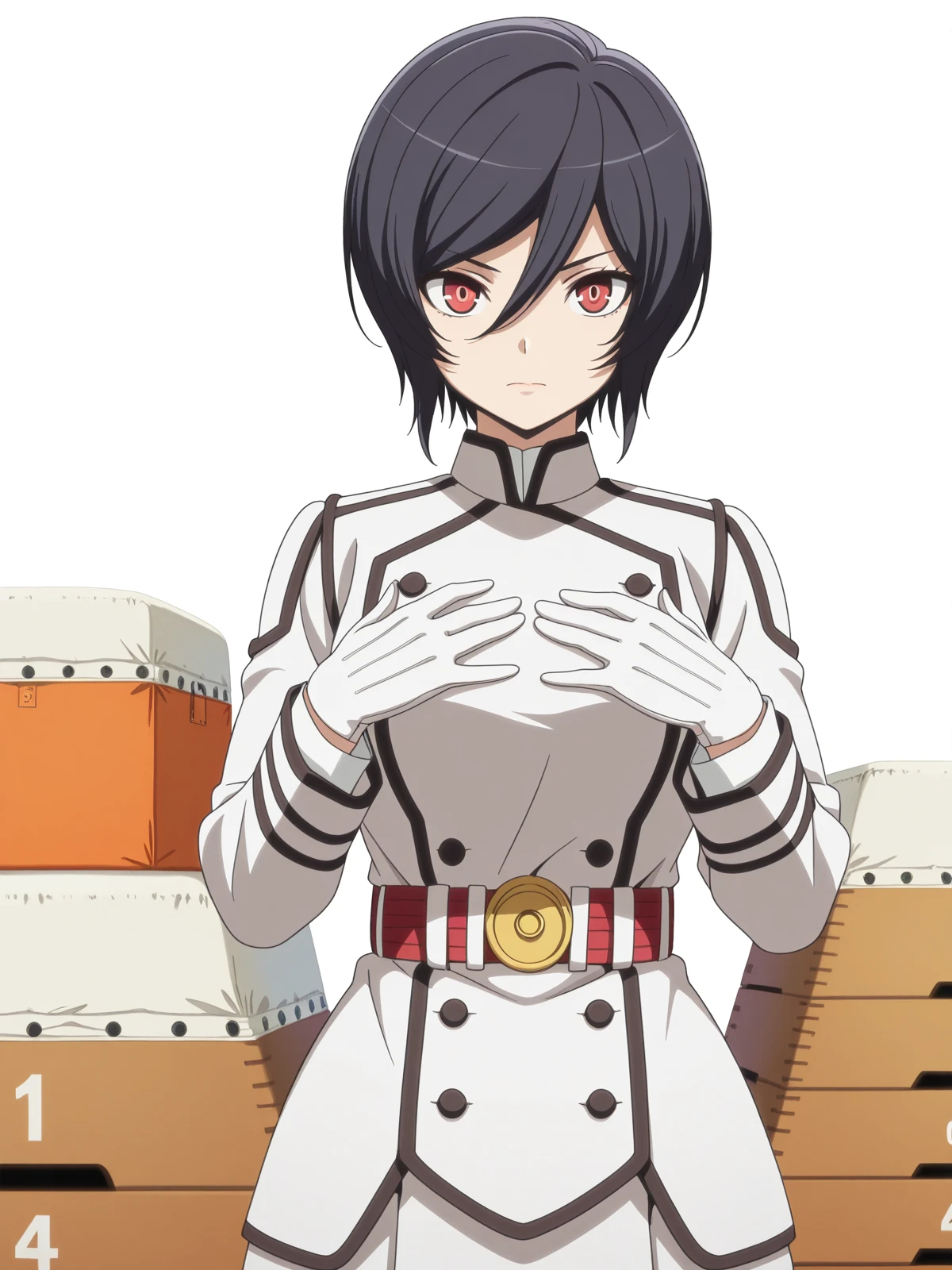 masterpiece, best quality, amazing quality,, <lora:akudama-apprentice-s1-illustriousxl-lora-nochekaiser:1>, apprentice, short hair, black hair, red eyes, hair between eyes, mature female, medium breasts, anime screencap, gloves, belt, white gloves, uniform, military, military uniform,, hands on own chest,, gym storeroom, equipment, supplies, cleaning, storage, cowboy shot, solo, looking at viewer, <lora:transparent-background-illustriousxl-lora-nochekaiser:1>, transparent background, simple background, white background