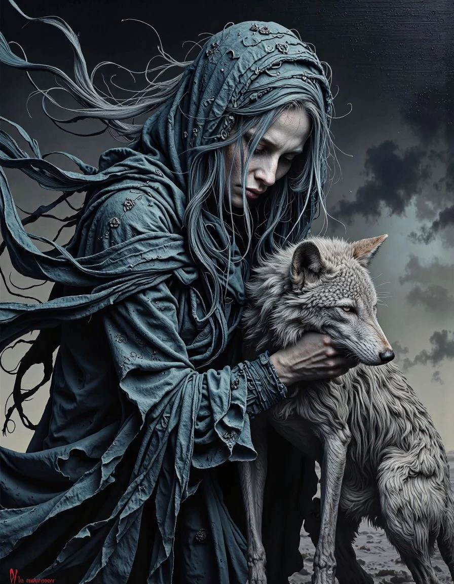 A ghostly woman with piercing, shadowed eyes, her pale skin contrasting with the dark, flowing strands of her hair and the distressed textures of her garments, set in a desolate, atmospheric environment. A lone, gaunt wolf, its fur a muted gray, stands protectively at her feet, its eyes reflecting the same ancient sorrow as hers. Depicted as an **oil painting**, with rich, deep colors and visible impasto brushwork that adds a sense of weight and texture to the figures and their surroundings. The dramatic lighting highlights the contours of their forms, creating a powerful and expressive portrait of companionship in despair.
<lora:Flux_Krea_Blaze_Lora-rank64:1> <lora:whiter-shade-of-pale:1>