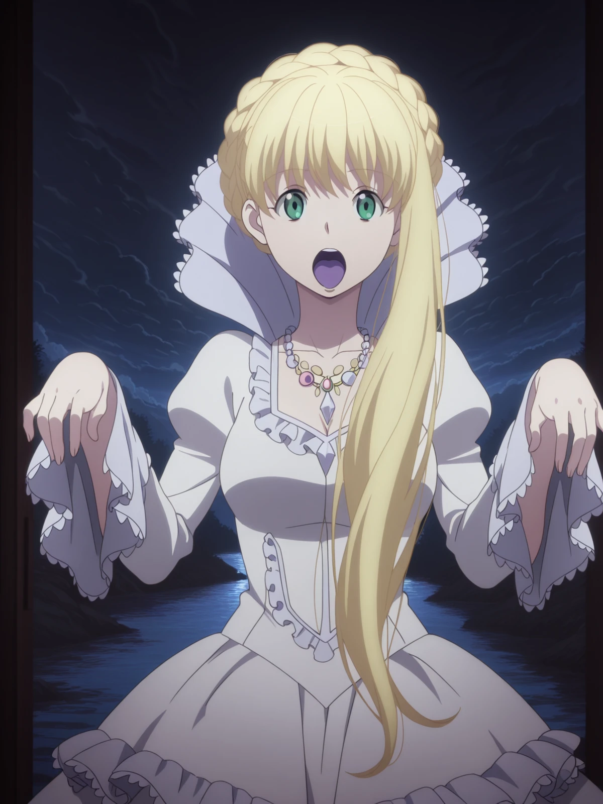 masterpiece, best quality, amazing quality,, <lora:asseylum-vers-allusia-s1-illustriousxl-lora-nochekaiser:1>, asseylum vers allusia, long hair, blonde hair, green eyes, braid, mature female, medium breasts, anime screencap,, dress, jewelry, necklace, white dress, frills, puffy sleeves, frilled skirt,, <lora:ghost-pose-illustriousxl-lora-nochekaiser:1>, ghost pose, ghost, purple tongue, open mouth, tongue, hands up, indoors, night, night sky, dark, horror (theme), cloud, dark cloud, dim lighting, dark room, backlighting, cowboy shot, water, lake, river, waterfall, natural, cowboy shot, solo, looking at viewer,
