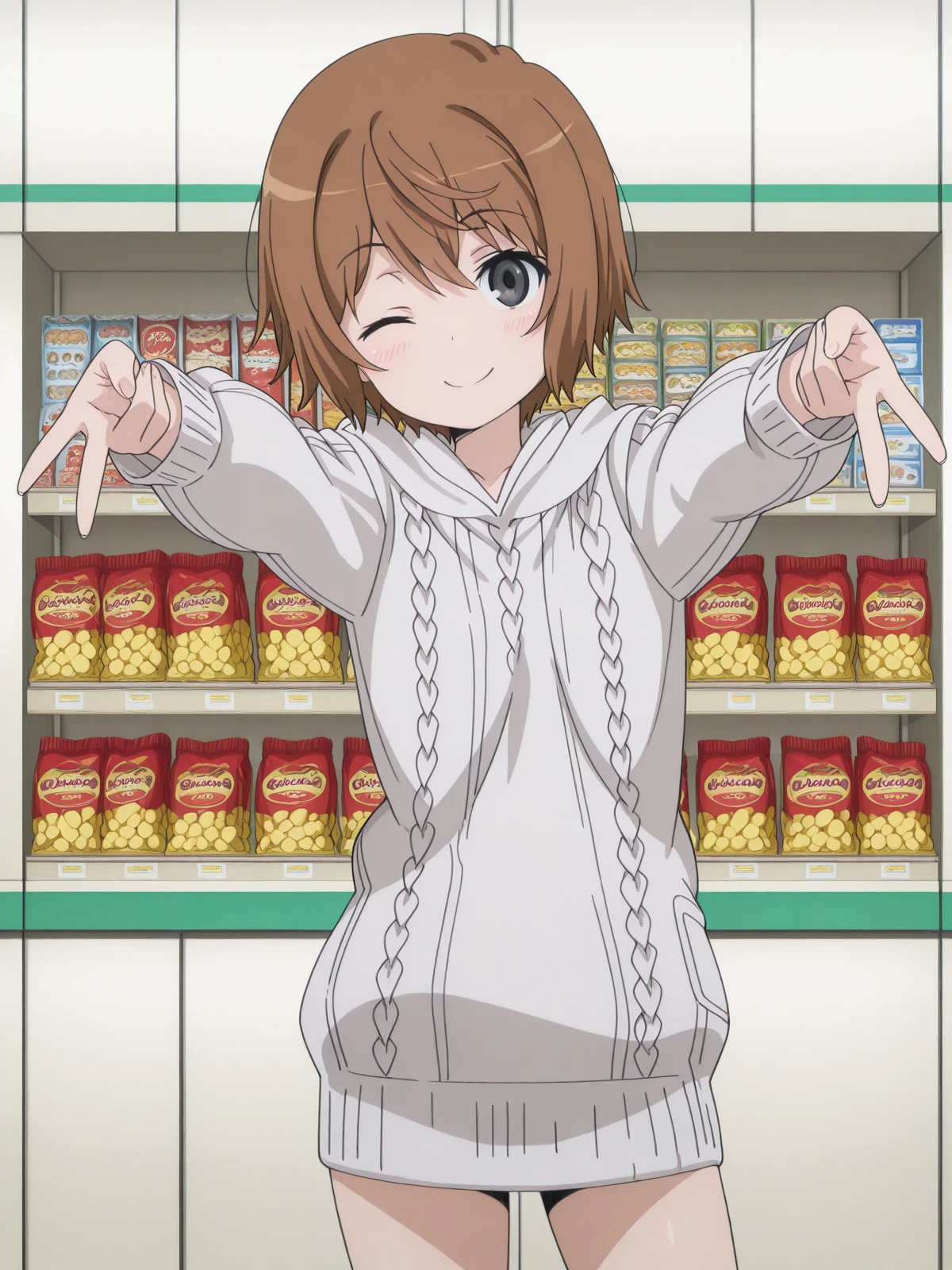masterpiece, best quality, amazing quality,, <lora:saiai-kinuhata-s3-illustriousxl-lora-nochekaiser:1>, saiai kinuhata, short hair, brown hair, black eyes, anime screencap, hood, sweater, hoodie,, <lora:double-gyaru-v-illustriousxl-lora-nochekaiser:1>, doublegyaruv, solo, looking at viewer, blush, smile, one eye closed, standing, cowboy shot, double v,, convenience store, snacks, shelves, counter, quick, cowboy shot, solo, looking at viewer, <lora:transparent-background-illustriousxl-lora-nochekaiser:1>, transparent background, simple background, white background