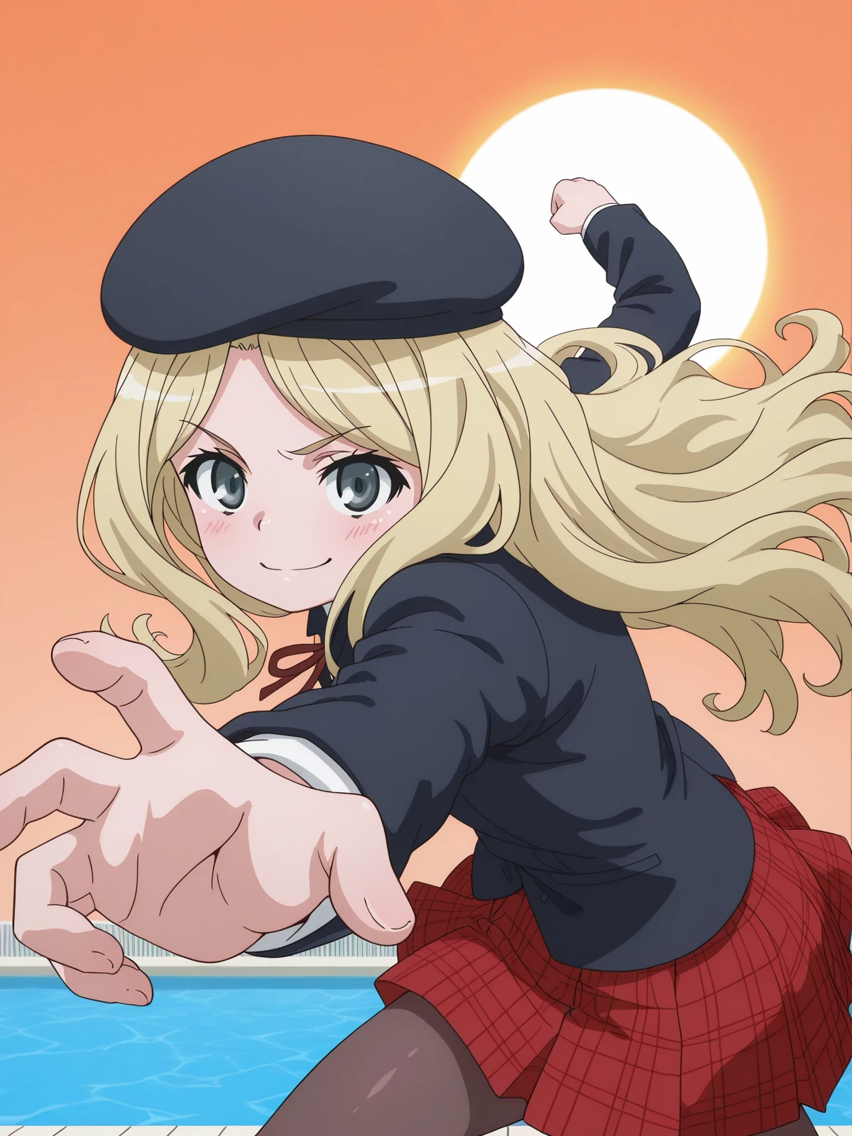 masterpiece, best quality, amazing quality,, <lora:frenda-seivelun-s3-illustriousxl-lora-nochekaiser:1>, frenda seivelun, long hair, blonde hair, black eyes, anime screencap, skirt, hat, ribbon, jacket, pantyhose, plaid, beret, plaid skirt, blazer,, <lora:pepe-punch-illustriousxl-lora-nochekaiser:1>, pepe punch, looking at viewer, blush, smile, simple background, closed mouth, clenched fist, foreshortening, punching, incoming punch, incoming attack, poolside, chairs, sun, towels, relaxation, cowboy shot, solo, looking at viewer,