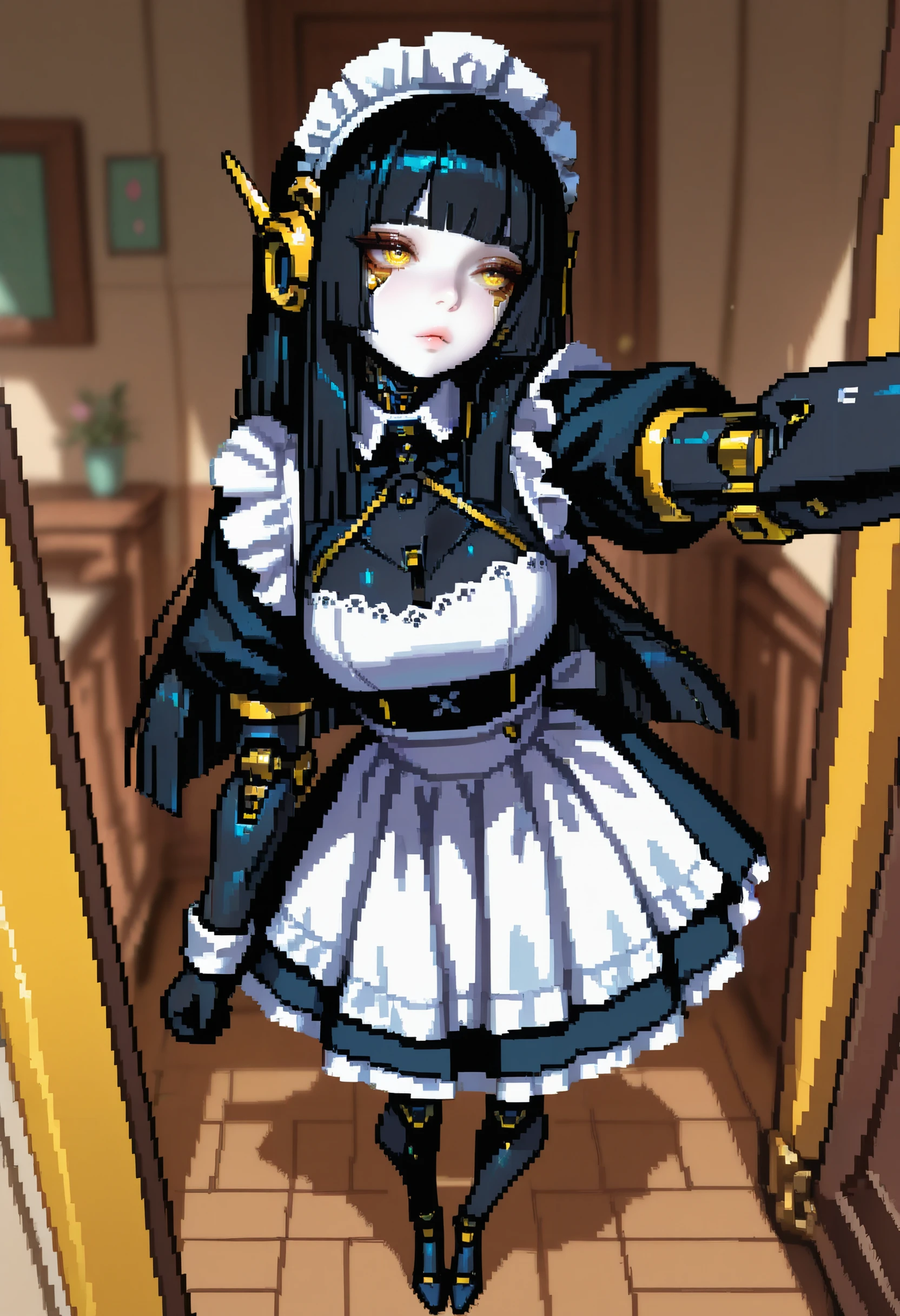 masterpiece, very aesthetic, best quality, absurdres, newest,
<lora:ILJABlH:1>
JABlH, 1girl, black hair, maid headdress, yellow eyes, long hair, sidelocks, robot ears, android, blunt bangs