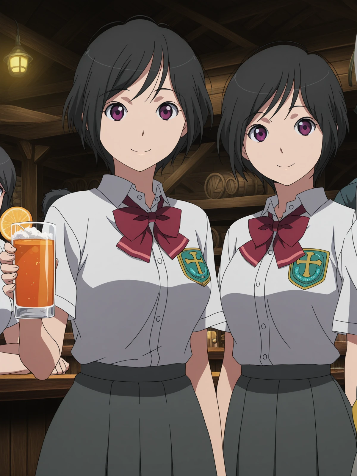 masterpiece, best quality, amazing quality,, <lora:inko-amifumi-s1-illustriousxl-lora-nochekaiser:1>, inko amifumi, short hair, black hair, purple eyes, mature female, medium breasts, anime screencap,, skirt, shirt, bow, white shirt, short sleeves, pleated skirt, bowtie, red bow, dress shirt, grey skirt, smile, tavern, drinks, rustic, friends, old, cowboy shot, solo, looking at viewer,