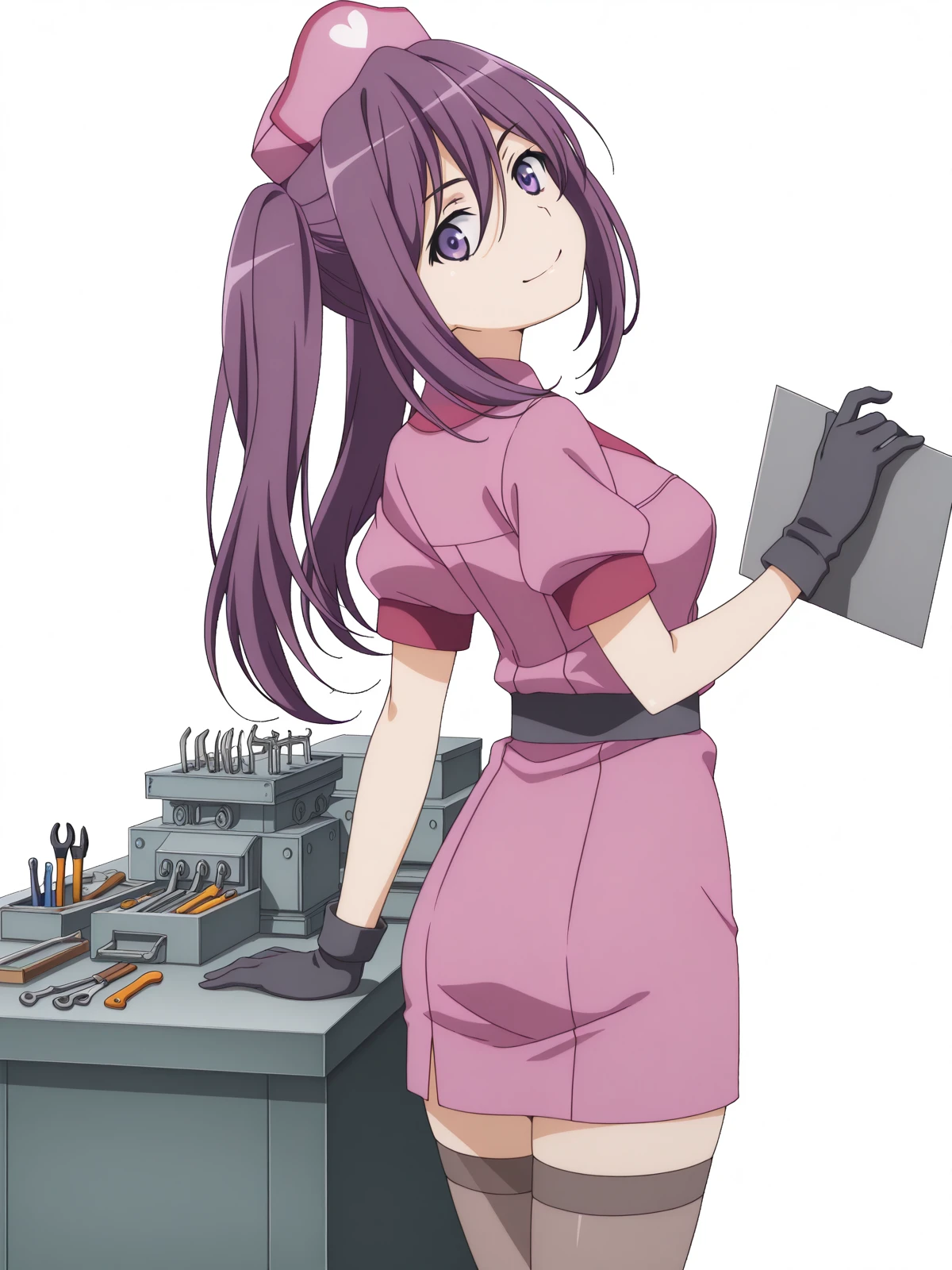 masterpiece, best quality, amazing quality,, <lora:mitori-kouzaka-s3-illustriousxl-lora-nochekaiser:1>, mitori kouzaka, long hair, twintails, purple eyes, purple hair, sidelocks, mature female, medium breasts, anime screencap,, thighhighs, gloves, hat, black gloves, nurse cap, nurse,, <lora:shaft-look-illustriousxl-lora-nochekaiser:1>, shaft look, looking back, from behind, head tilt, cowboy shot, smile,, workshop, tools, workbench, projects, machinery, cowboy shot, solo, looking at viewer, <lora:transparent-background-illustriousxl-lora-nochekaiser:1>, transparent background, simple background, white background