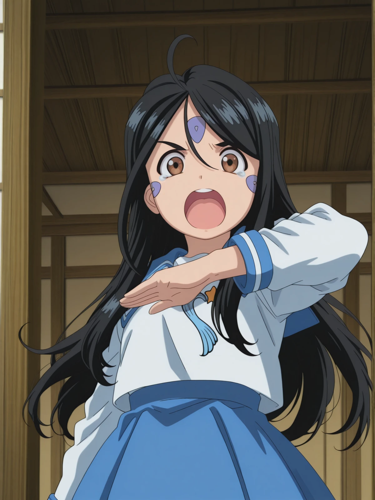 masterpiece, best quality, amazing quality,, <lora:skuld-s2-illustriousxl-lora-nochekaiser:1>, skuld, long hair, black hair, ahoge, facial mark, hair between eyes, brown eyes, anime screencap,,  serafuku, sailor collar, blue sailor collar, skirt, blue skirt, long sleeves,, <lora:curemint-pose-illustriousxl-lora-nochekaiser:1>, curemint pose, solo, open mouth, hand up,, temple, holy, sacred, religion, traditional, cowboy shot, solo, looking at viewer,
