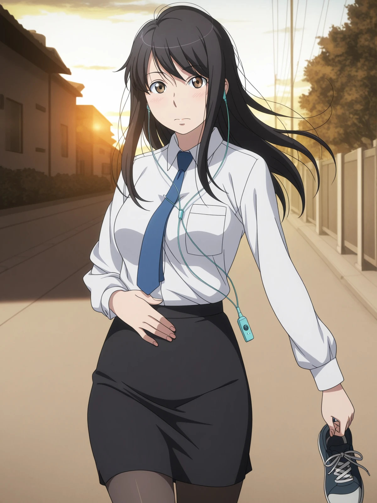 masterpiece, best quality, amazing quality,, <lora:yuki-kaizuka-s1-illustriousxl-lora-nochekaiser:1>, yuki kaizuka, long hair, black hair, brown eyes, mature female, medium breasts, anime screencap,, skirt, pantyhose, necktie, pencil skirt, long sleeves, collared shirt,, hand on stomach, blush,, suburban neighborhood, morning jog, earphones, running shoes, fresh air, sunrise, cowboy shot, solo, looking at viewer,