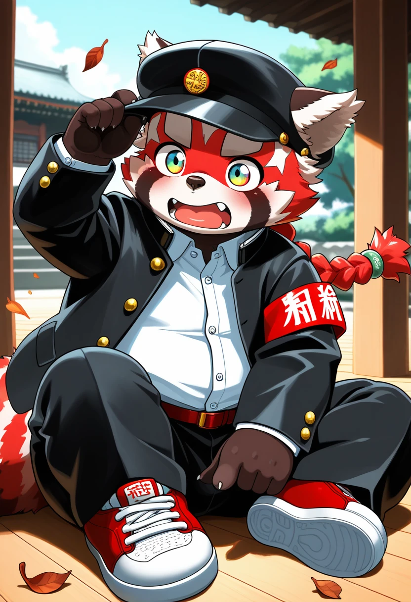 anime coloring, best quality, masterpiece, amazing quality,
<lora:zhurong-v1-15:1> tas-zhurongb, red_panda, 1boy, brown fur, chubby, young, aged_down:0.5, red single braid, solo,
, school uniform, gakuran, newsboy_cap, black newsboy cap, gakuran jacket, white shirt, collared shirt, red armband, red (long) belt, waist belt, black pants, red sneakers, green hair_ornament,
, sitting, wind, falling leaf, on floor, wooden floor, temple, dynamic pose, three quarter view, pointing_up, adjusting headwear,