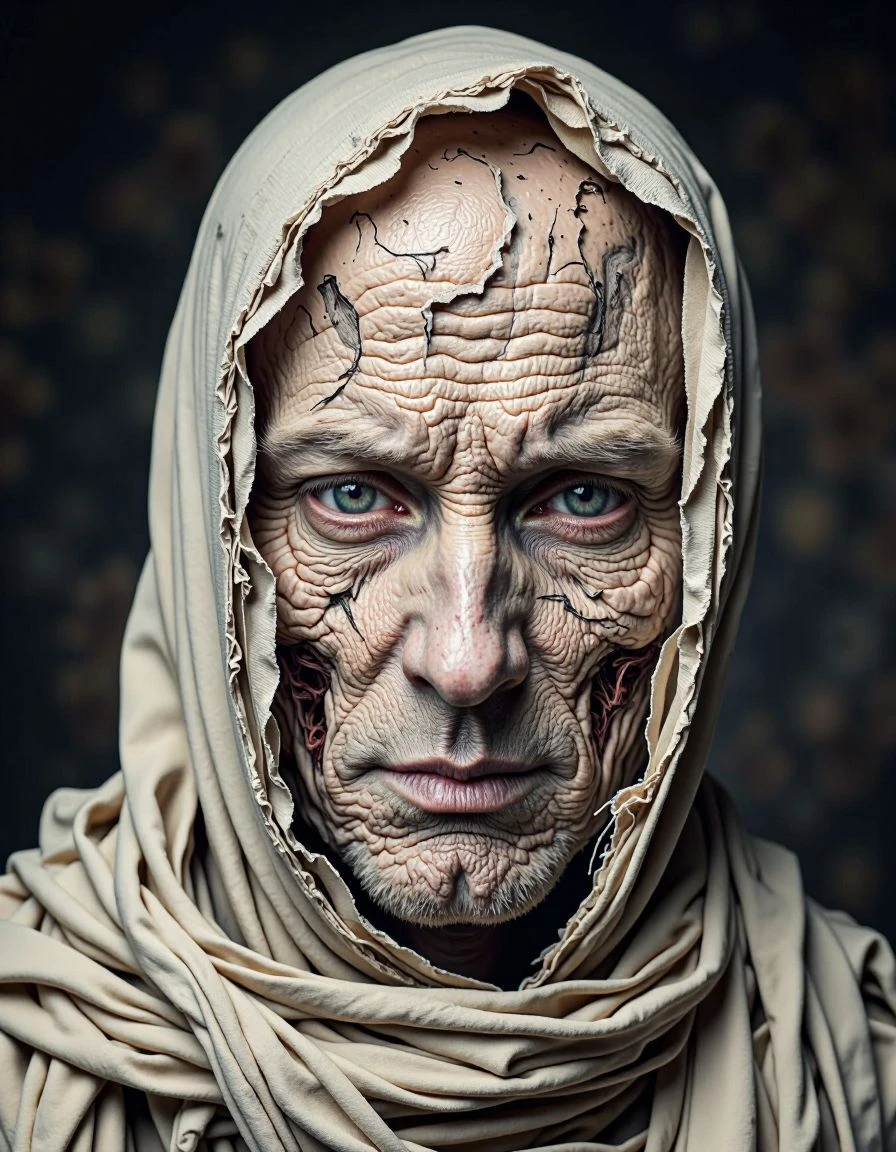 The image is a highly detailed, realistic photograph of a grotesque, highly stylized pale human face. The subject appears to be a man with a disturbingly exaggerated and grotesque appearance. The face is covered in a tattered, beige cloth mask, which is worn as a head wrap, leaving only the eyes, mouth, and part of the forehead exposed.
<lora:Flux_Krea_Blaze_Lora-rank64:1>  <lora:whiter-shade-of-pale:1>