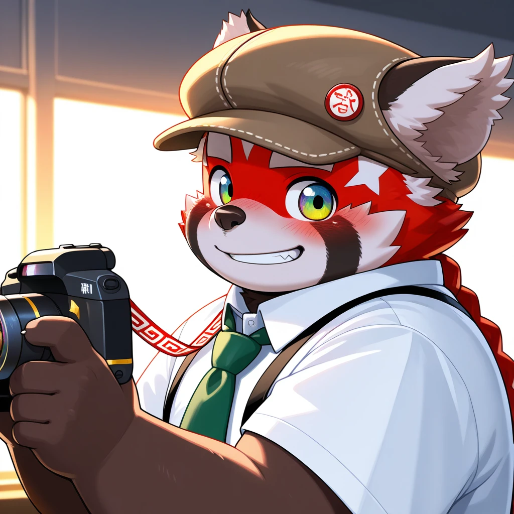 best quality, masterpiece, amazing quality, absurdres, newest, highres, dreamlike atmosphere, dreamlike majestic, detailed, VIBRANT COLORS, HIGH QUALITY, DYNAMIC LIGHT, BREAK
<lora:zhurong-v1-15:1> tas-zhurongb, red_panda, 1boy, brown fur, chubby, young, aged_down:0.5, parted lips, chubby face, solo,
, smile, blush, white shirt, collared shirt, green necktie, suspenders, (profile), smile, dynamic angle, dynamic pose, black_deerstalker, close-up, short sleeves, holding single-lens_reflex_camera, taking photo, looking at viewer, taking_picture, happy,