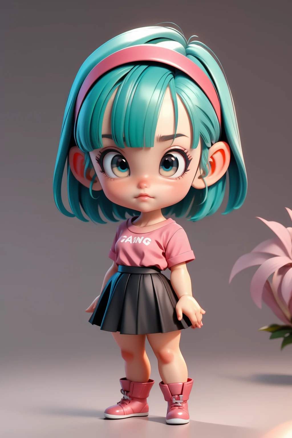 <lora:bulma_9:0.9>, dragon ball, blmmid, aqua hair, medium hair, blunt bangs, red hairband, , shirt, skirt. chibi style, short legs, short feet, short hands, top-heavy, mini body, small body, big head, big head doll, chibi, tiny human being, minimesdfinal, 1girl minime, 1girl, solo, looking at viewer, <lora:MiniMeSDFINAL:0.5>. detailed hair strands, detailed iris. <lora:OverallDetail:1><lora:OverallDetail:1><lora:OverallDetail:1><lora:OverallDetail:1><lora:OverallDetail:1>