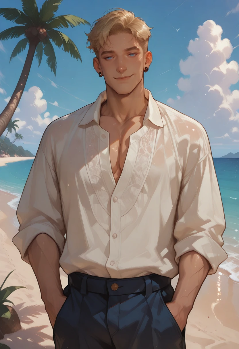 very awa, masterpiece, best quality, absurdres, newest, perfect quality, detailed background, intricate details
<lora:ILOCBlnG:1.0>
OCBlnG, 1boy, male focus, short hair, blonde hair, undercut, blue eyes, earrings, male focus, outdoors, beach, day, palm tree, cloud, blue sky, ocean, hands in pockets, partially unbuttoned, smile, cowboy shot, water, closed mouth, standing, sand, muscular, cloudy sky