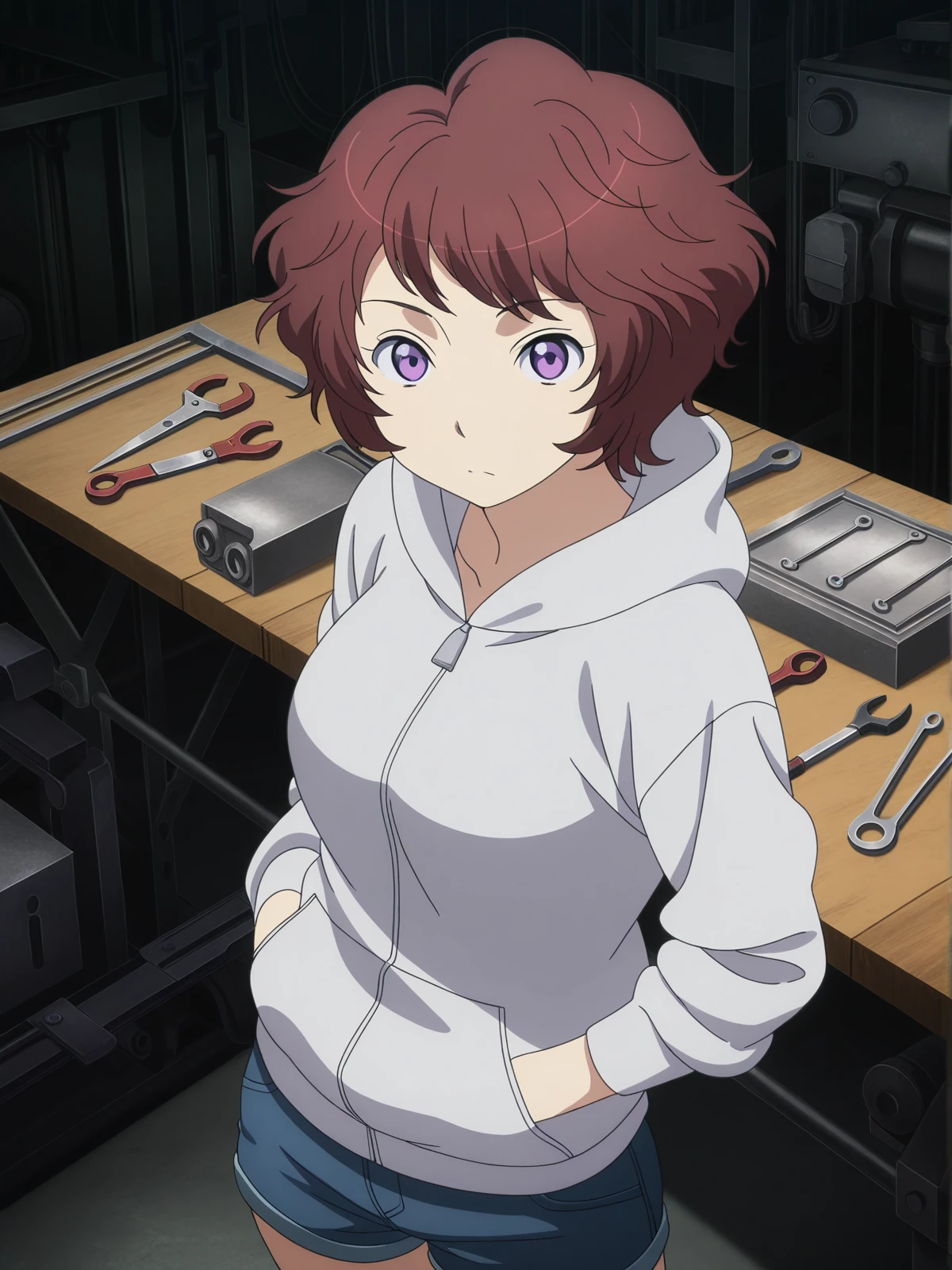 masterpiece, best quality, amazing quality,, <lora:rayet-areash-s1-illustriousxl-lora-nochekaiser:1>, rayet areash, short hair, brown hair, purple eyes, red hair, medium breasts, anime screencap,, hood, hoodie, shorts, denim shorts,, from above,, workshop, tools, workbench, projects, machinery, cowboy shot, solo, looking at viewer,