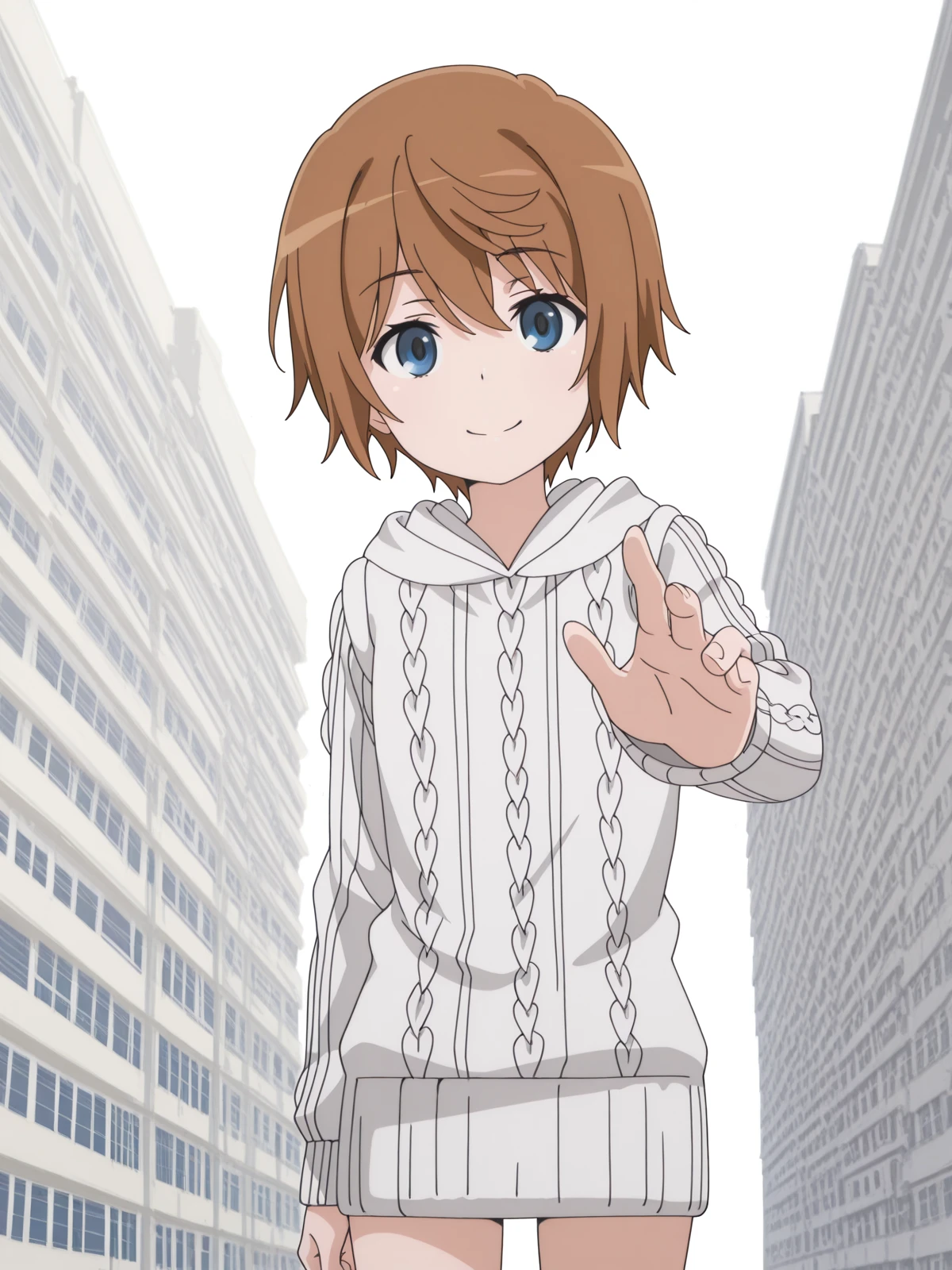 masterpiece, best quality, amazing quality,, <lora:saiai-kinuhata-s3-illustriousxl-lora-nochekaiser:1>, saiai kinuhata, short hair, brown hair, black eyes, anime screencap, hood, sweater, hoodie,, <lora:incoming-headpat-illustriousxl-lora-nochekaiser:1>, incoming headpat, headpat, pov, outstretched arm, reaching, reaching towards viewer, looking at viewer, smile,, apartment, building, rooms, residents, balconies, cowboy shot, solo, looking at viewer, <lora:transparent-background-illustriousxl-lora-nochekaiser:1>, transparent background, simple background, white background