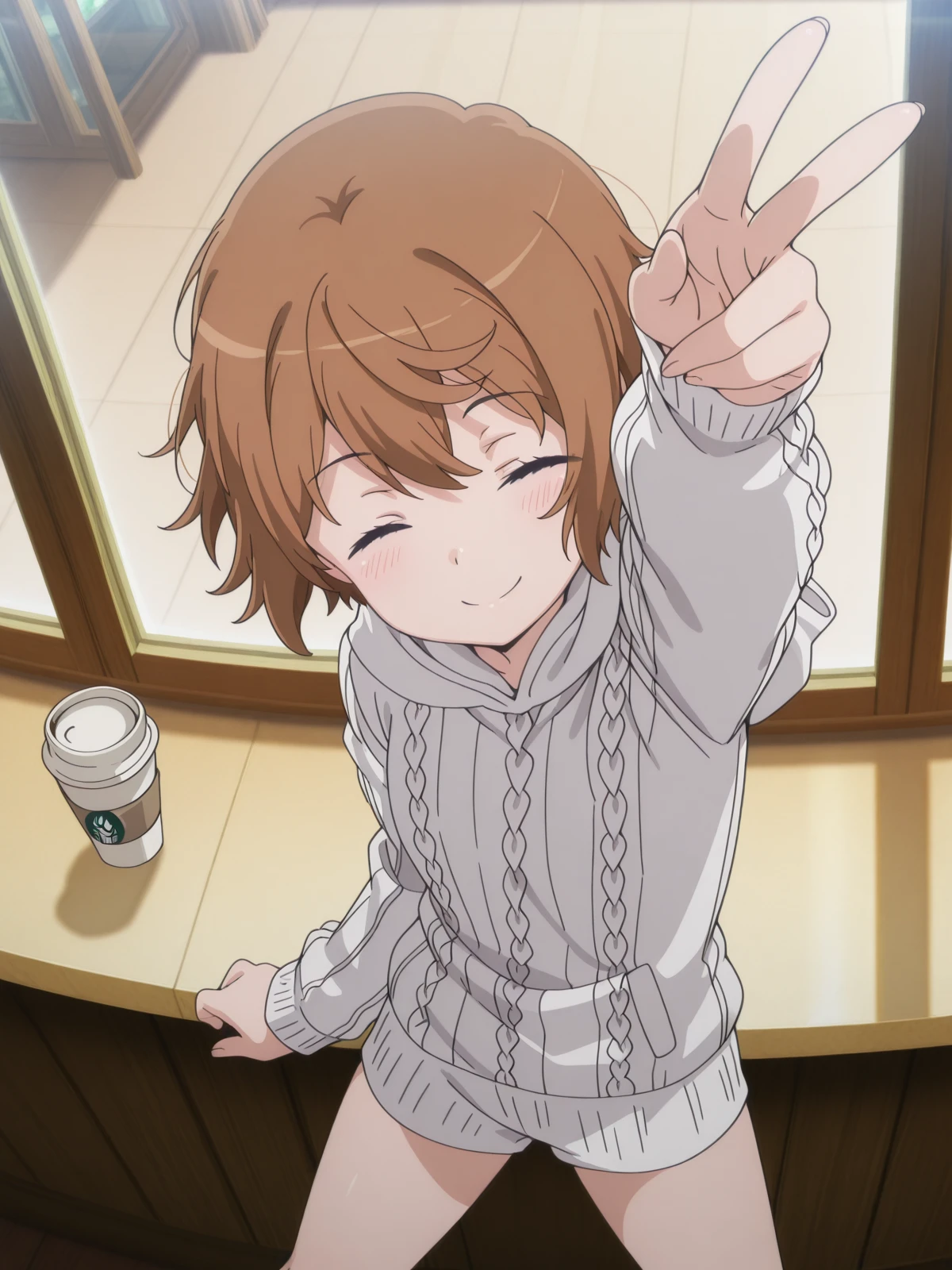 masterpiece, best quality, amazing quality,, <lora:saiai-kinuhata-s3-illustriousxl-lora-nochekaiser:1>, saiai kinuhata, short hair, brown hair, black eyes, anime screencap, hood, sweater, hoodie,, <lora:charizard-pose-illustriousxl-lora-nochekaiser:1>, charizardpose, solo, blush, closed mouth, standing, closed eyes, arm up, foreshortening, v, from above, legs apart, smile, looking to the side,, cafe, coffee cup, barista, sitting down, talking, relaxing, sunlight through window, cowboy shot, solo, looking at viewer,