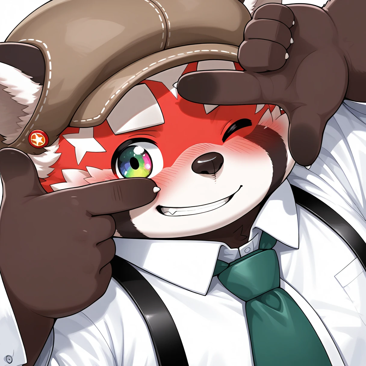 best quality, masterpiece, amazing quality, absurdres, newest, highres, dreamlike atmosphere, dreamlike majestic, detailed, BREAK
<lora:zhurong-v1-15:1> tas-zhurongb, red_panda, 1boy, brown fur, chubby, young, aged_down:0.5, parted lips, chubby face, solo,
, eye focus, finger frame over eye, one eye closed, smile, blush, finger frame, white shirt, collared shirt, green necktie, suspenders, (profile), smile, dynamic angle, dynamic pose, hand over eye, black_deerstalker, close-up,