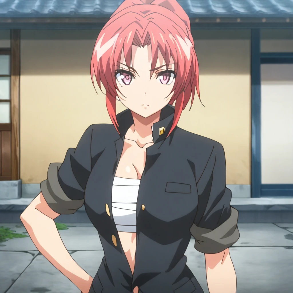masterpiece,high score,great score,absurdres,,anime coloring,anime screenshot,1girl,solo,looking at viewer,<lora:NagisaKiryuu ag4o:1> nagisakiryuu, red hair, short hair, ponytail, pink eyes,gakuran,sleeves rolled up,sarashi,