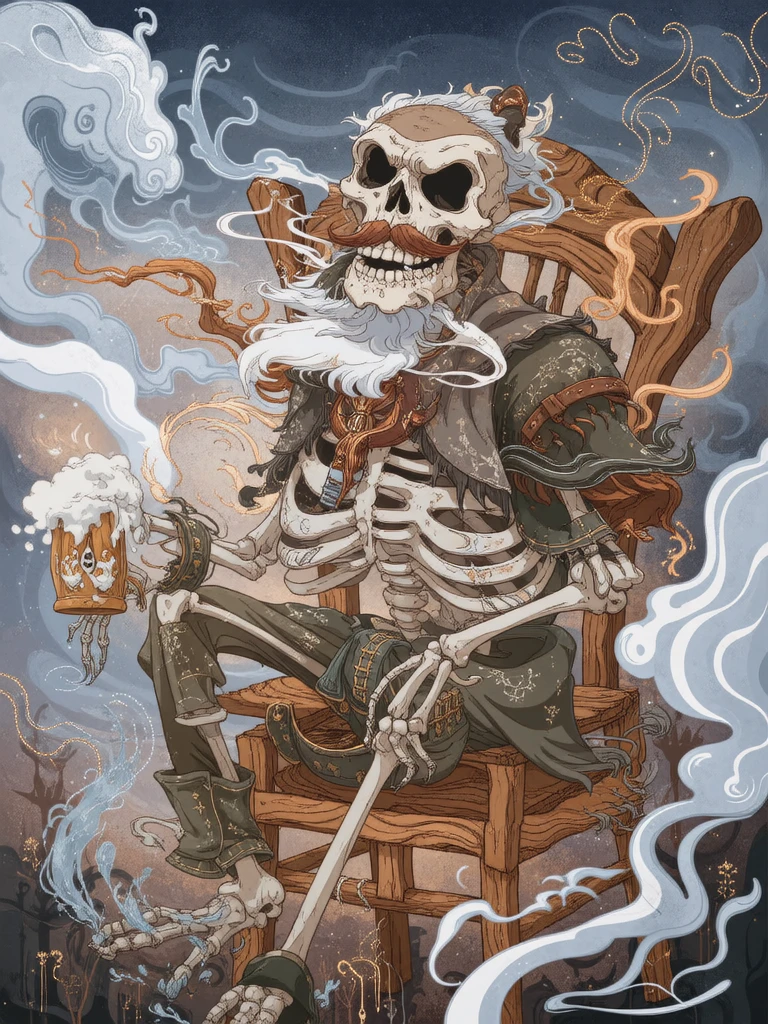 Whimsical, storybook-inspired folk art with flowing, dreamlike details. A gaunt, decomposing Irish skeleton with a wispy, vacant beard and mustache, worn to a frazzle, sits slumped on a weathered wooden stool, its bony fingers grasping a frothy pint of beer. The skeleton