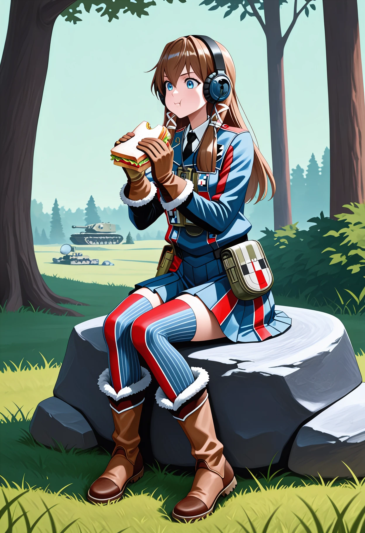 newest, full body, solo, 1girl, eating, :t, looking at food, sitting, on rock, holding food, sandwich, two-handed, long hair, brown hair, hair ribbon, tress ribbon, white ribbon, headphones, blue eyes, military uniform, two-tone jacket, blue jacket, red jacket, long sleeves, white shirt, collared shirt, black necktie, brown gloves, fur-trimmed gloves, blue skirt, pleated skirt, pouch, vertical-striped thighhighs, blue thighhighs, red thighhighs, brown footwear, fur-trimmed boots, outdoors, day, grass, tree, military vehicle, tank
<segment:yolo-Anzhc Face seg 640 v3 y11n.pt,0.5,0.5//cid=11>