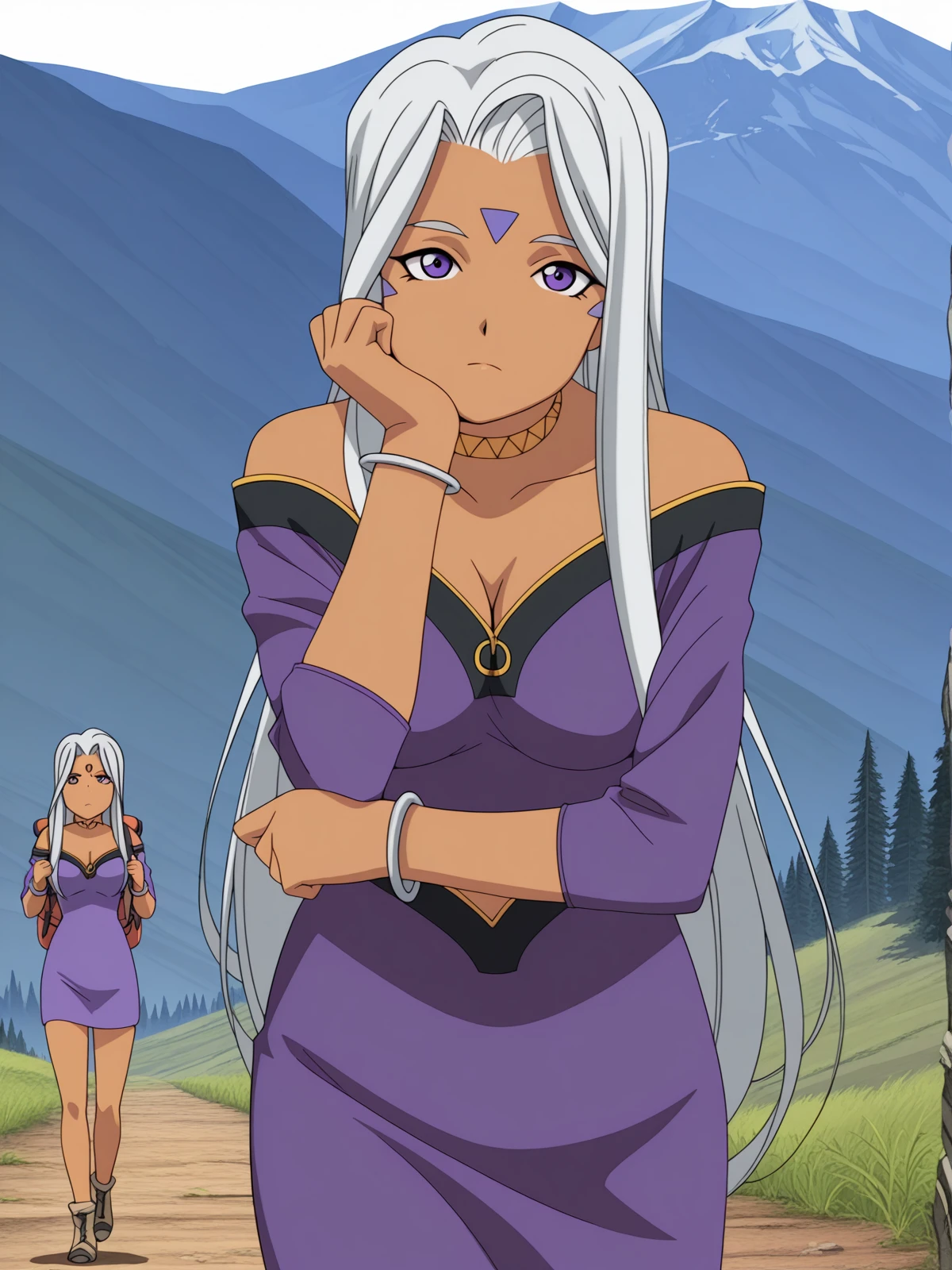 masterpiece, best quality, amazing quality,, <lora:goddess-urd-s2-illustriousxl-lora-nochekaiser:1>, goddess urd, long hair, purple eyes, white hair, dark skin, dark-skinned female, facial mark, forehead mark, mature female, , anime screencap, cleavage,  shoulders, jewelry, choker, off shoulder, bracelet, dress, purple dress,, head rest, mountain trail, hiking, nature, backpack, adventure, fresh air, cowboy shot, solo, looking at viewer, <lora:transparent-background-illustriousxl-lora-nochekaiser:1>, transparent background, simple background, white background