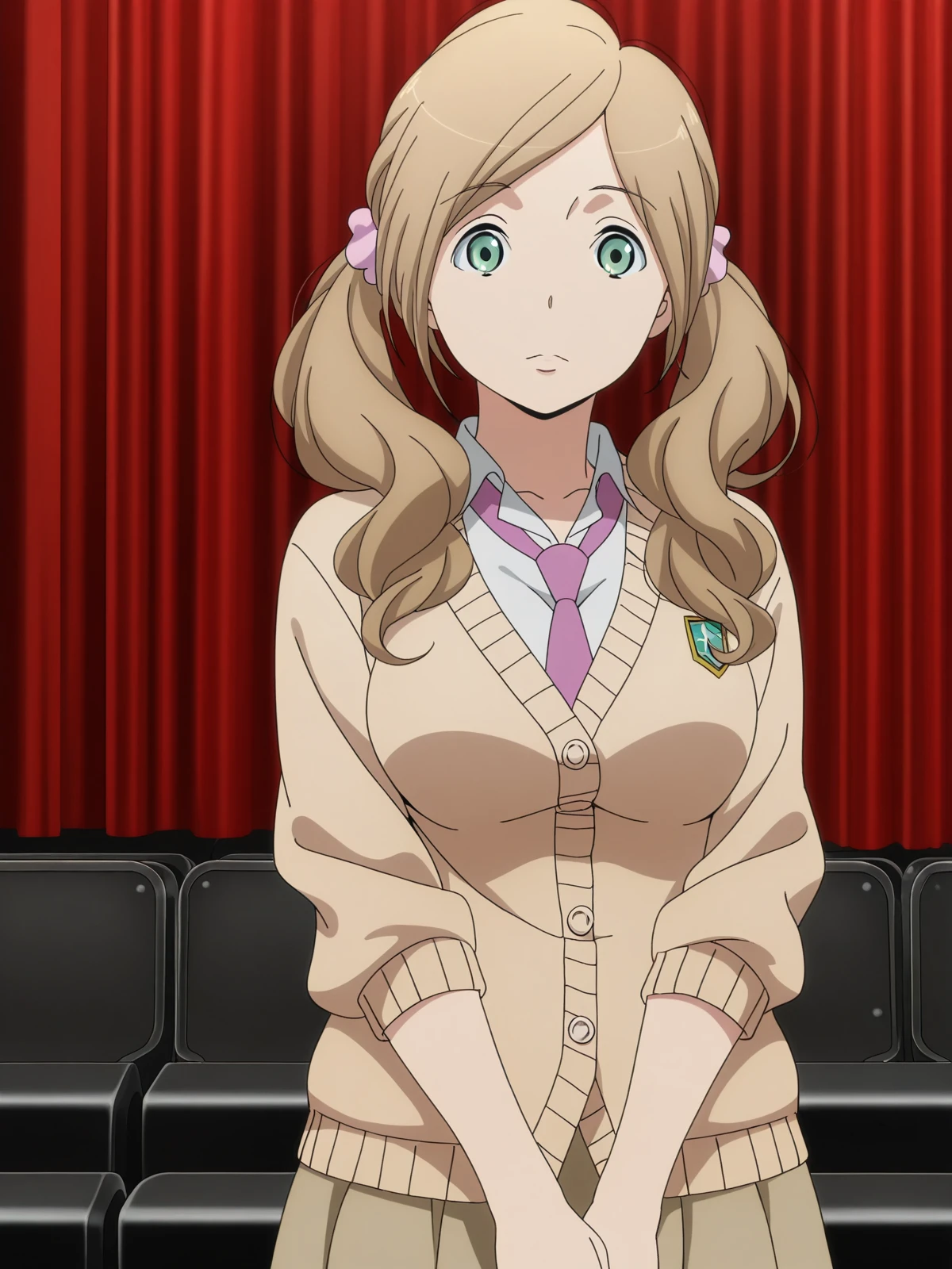 masterpiece, best quality, amazing quality,, <lora:nina-klein-s1-illustriousxl-lora-nochekaiser:1>, nina klein, long hair, brown hair, green eyes, twintails, scrunchie, mature female, medium breasts, anime screencap,, skirt, necktie, cardigan, necktie,, v,, theater, stage, seats, performance, curtains, cowboy shot, solo, looking at viewer,
