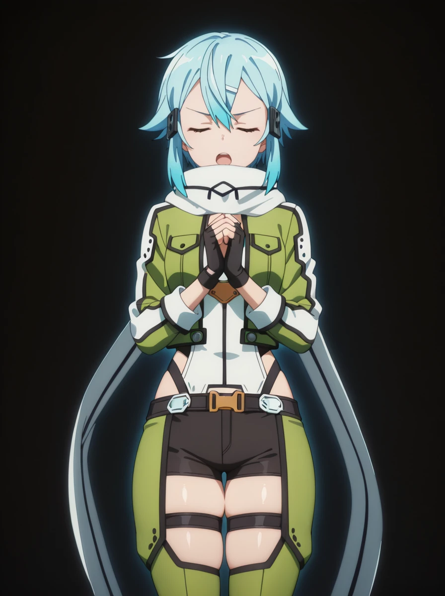 masterpiece, best quality, amazing quality, very aesthetic, absurdres, newest,shiny skin,anime screenshot,  anime_coloring  <lora:sinonSAO:1>Sinongungale, 1girl, solo, blue eyes, fingerless gloves, scarf, short shorts, short hair,  hair ornament, hairclip, black shorts, , blue hair, black gloves, , green jacket, green_pants thigh strap, pants  standing, thick thighs,  aura own hands together, closed eyes,  open mouth,  black background,   serious, blue_aura wind_aura