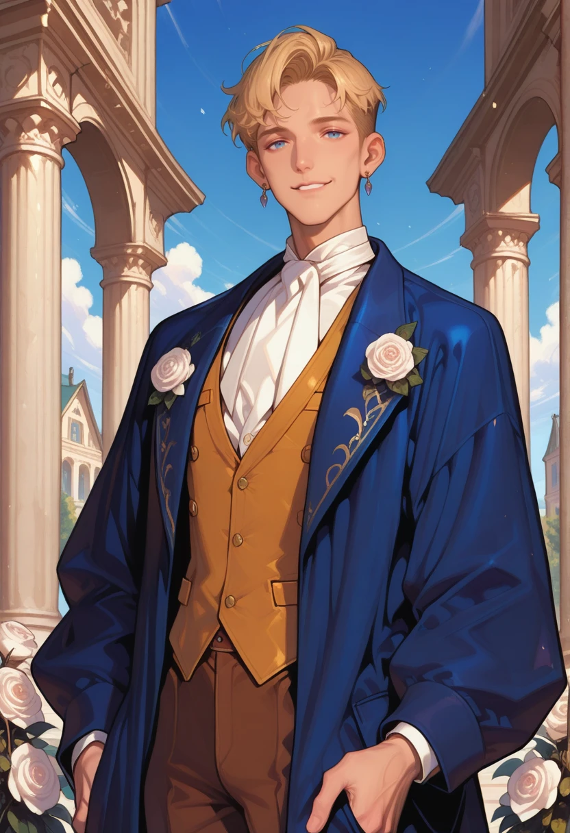 very awa, masterpiece, best quality, absurdres, newest, perfect quality, detailed background, intricate details
<lora:ILOCBlnG:1.0>
OCBlnG, 1boy, male focus, short hair, blonde hair, undercut, blue eyes, earrings, ascot, white flower, looking at viewer, outdoors, pillar, long sleeves, smile, arch, day, blue coat, sky, pants, buttons, white rose, standing, column, vest, open clothes