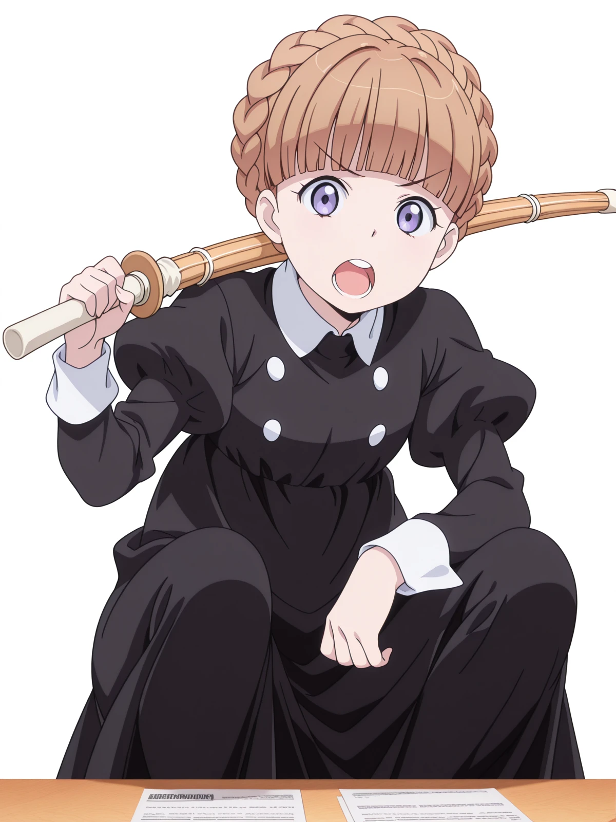 masterpiece, best quality, amazing quality,, <lora:eddelrittuo-s1-illustriousxl-lora-nochekaiser:1>, eddelrittuo, bangs, brown hair, purple eyes, braid, blunt bangs, anime screencap, long sleeves, dress, puffy sleeves, black dress, maid, <lora:slav-squatting-illustriousxl-lora-nochekaiser:1>, slav squatting, solo, looking at viewer, open mouth, holding, weapon, teeth, sword, holding weapon, holding sword, squatting, over shoulder, weapon over shoulder, wooden sword, shinai, bokken,, office, desks, chairs, computers, paperwork, cowboy shot, solo, looking at viewer, <lora:transparent-background-illustriousxl-lora-nochekaiser:1>, transparent background, simple background, white background