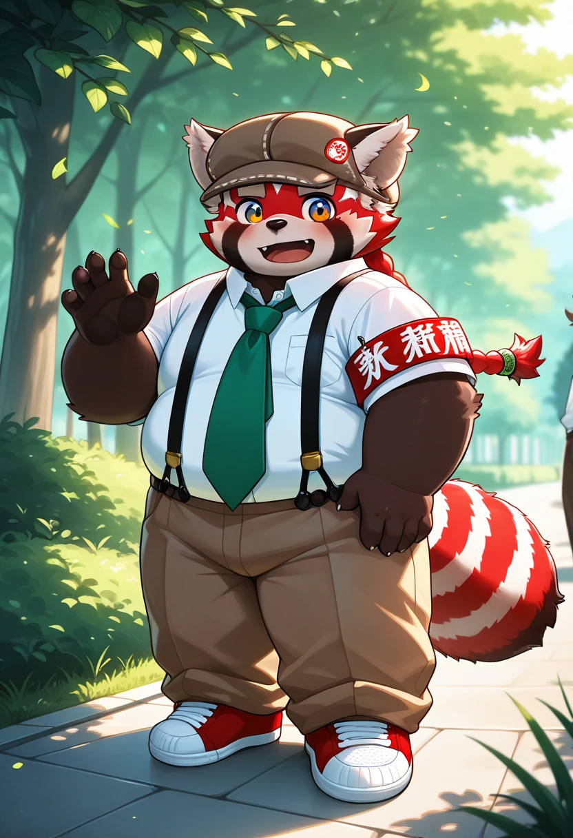 vibrant, detailed, detailed background, majestic atmosphere, dreamlike atmosphere, <lora:zhurong-v1-15:1> tas-zhurongb, red_panda, 1boy, plump, young, brown fur, light black deerstalker, white shirt, green necktie, red armband, suspenders, brown pants, red sneakers, green hair_ornament,