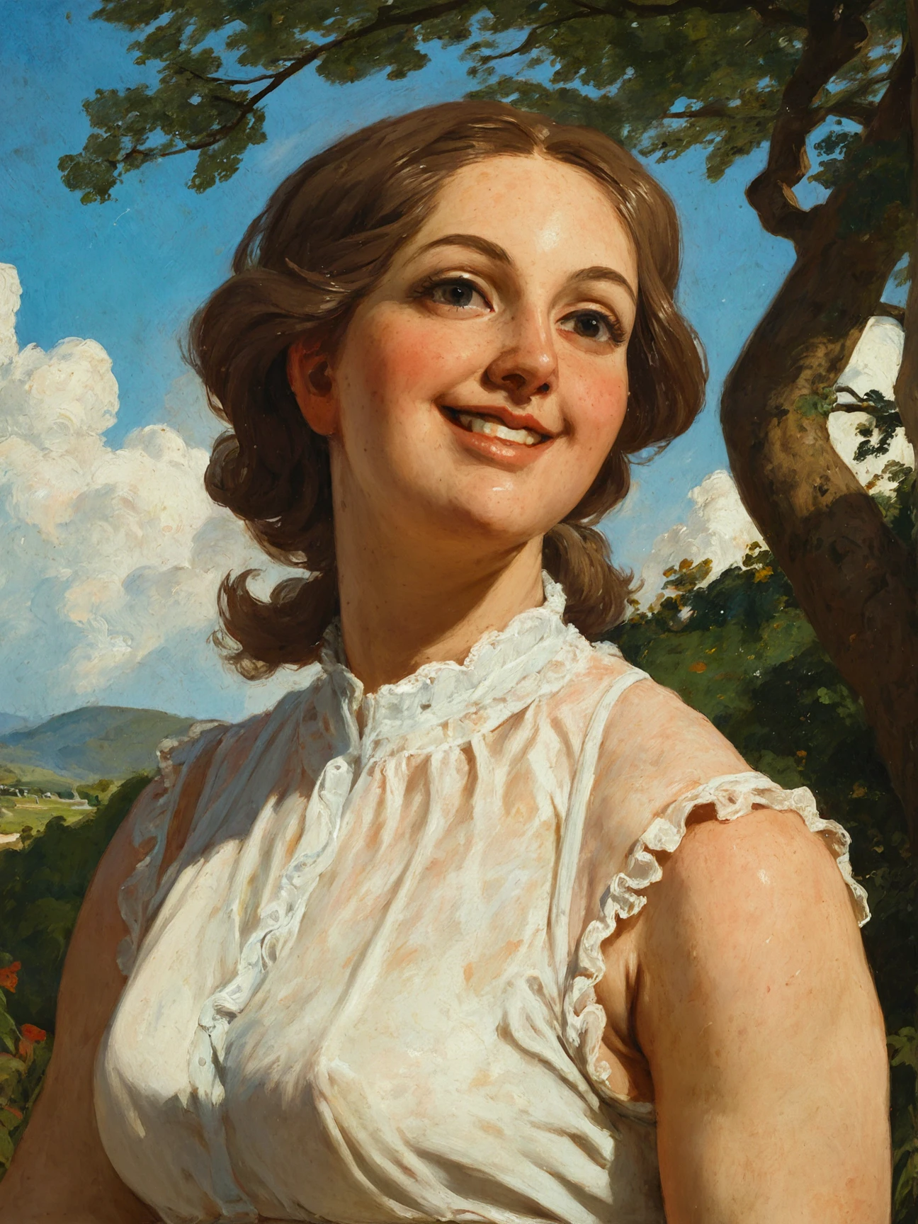 oil painting, traditional medium, score_9, score_8_up, score_7_up, rating_safe, 1girl, solo, smile, sleeveless shirt, nature, canvas texture