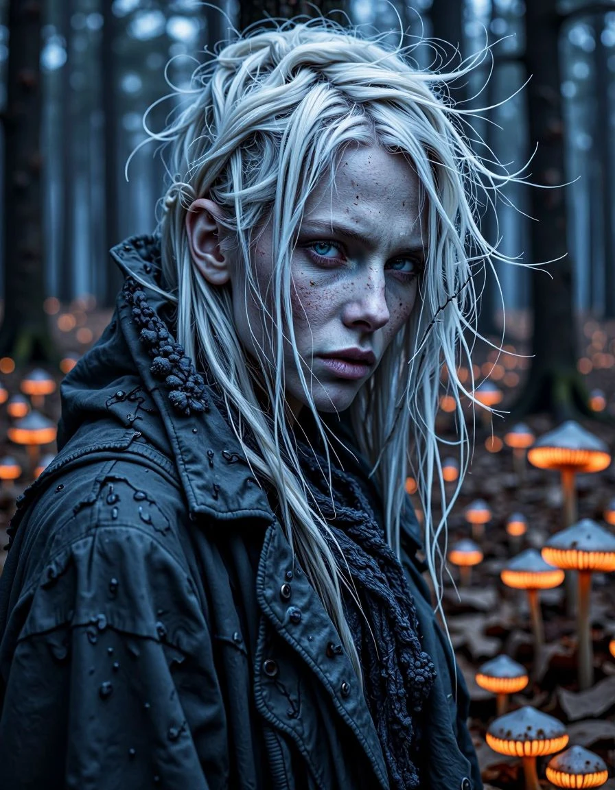 A ghostly woman with piercing, shadowed eyes, her pale skin contrasting with the dark, flowing strands of her hair and the distressed textures of her garments, set in a desolate, atmospheric environment. This time, the desolate environment is a vast, ancient forest at night, where the only light comes from glowing, bioluminescent fungi in shades of **electric blue** and **vibrant orange**. Her pale skin and white hair are subtly tinged with these cool, vibrant colors, and her distressed garments blend with the shadows, making her an almost invisible presence in the glowing, colorful darkness of the ancient woods.
<lora:Flux_Krea_Blaze_Lora-rank64:1> <lora:whiter-shade-of-pale:1>