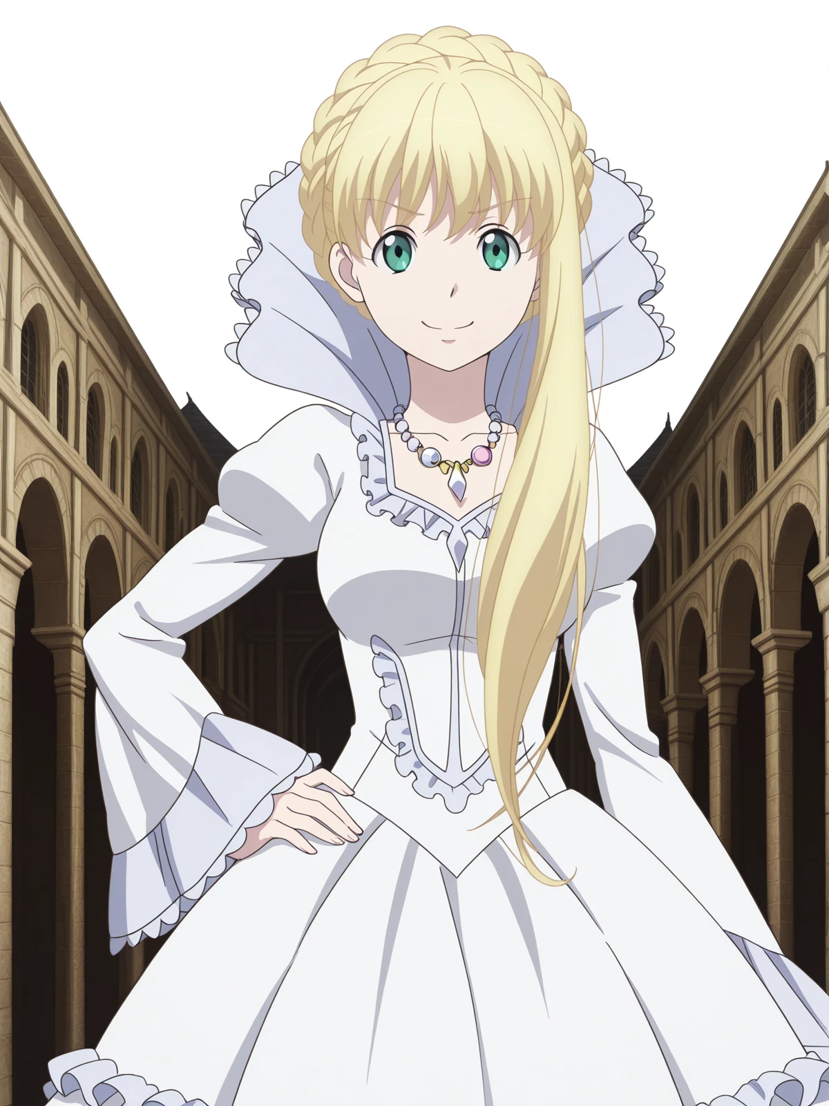 masterpiece, best quality, amazing quality,, <lora:asseylum-vers-allusia-s1-illustriousxl-lora-nochekaiser:1>, asseylum vers allusia, long hair, blonde hair, green eyes, braid, mature female, medium breasts, anime screencap,, dress, jewelry, necklace, white dress, frills, puffy sleeves, frilled skirt,, smug, hand on own hip,, Man-made, architecture, structures, civilization, urban, cowboy shot, solo, looking at viewer, <lora:transparent-background-illustriousxl-lora-nochekaiser:1>, transparent background, simple background, white background