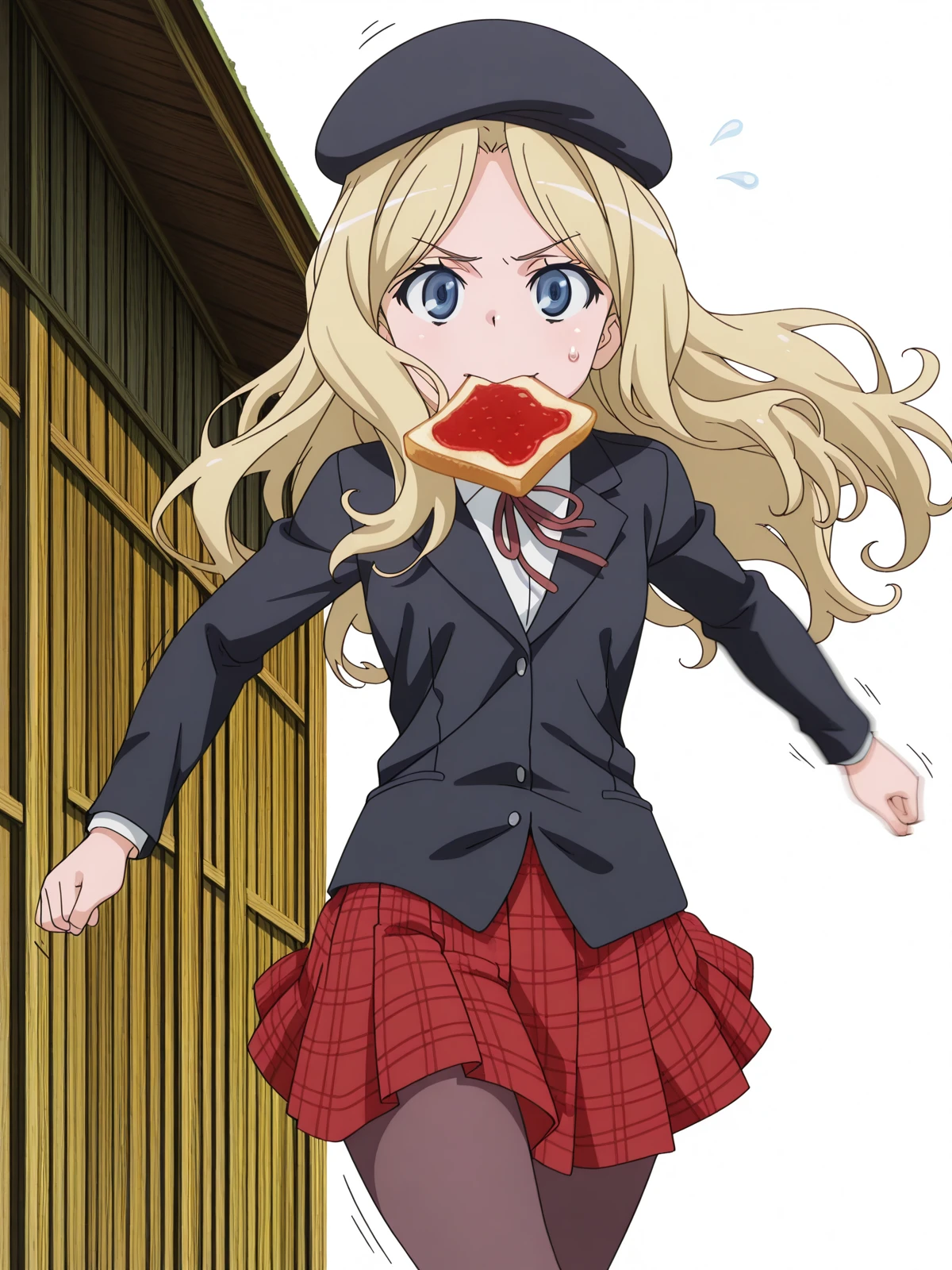 masterpiece, best quality, amazing quality,, <lora:frenda-seivelun-s3-illustriousxl-lora-nochekaiser:1>, frenda seivelun, long hair, blonde hair, black eyes, anime screencap, skirt, hat, ribbon, jacket, pantyhose, plaid, beret, plaid skirt, blazer,, <lora:food-in-mouth-running-illustriousxl-lora-nochekaiser:1>, food in mouth running, food in mouth, running, bread, bread slice, food, toast in mouth, toast, sweatdrop, motion lines, motion blur, outdoors, feet out of frame, straight-on, shack, small, wood, old, rural, cowboy shot, solo, looking at viewer, <lora:transparent-background-illustriousxl-lora-nochekaiser:1>, transparent background, simple background, white background