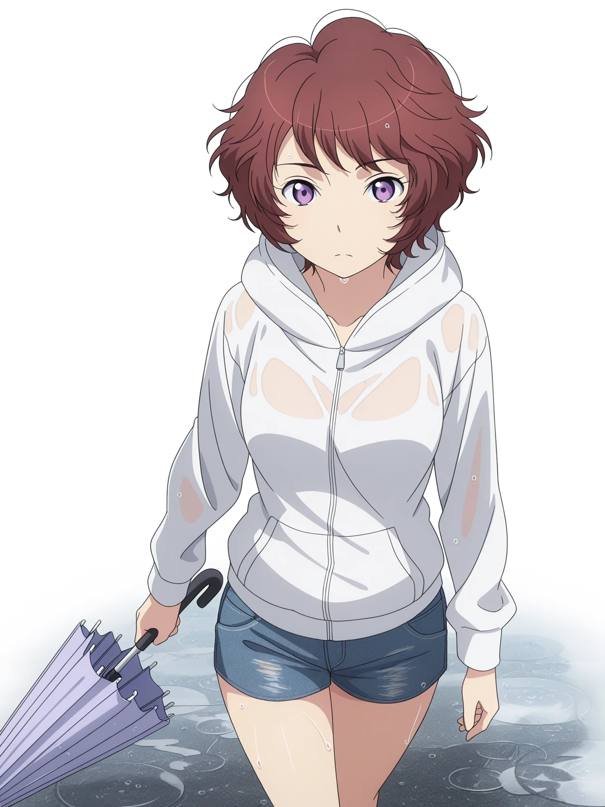 masterpiece, best quality, amazing quality,, <lora:rayet-areash-s1-illustriousxl-lora-nochekaiser:1>, rayet areash, short hair, brown hair, purple eyes, red hair, medium breasts, anime screencap,, hood, hoodie, shorts, denim shorts,, from above,, rainy day, umbrella, walking home, puddles, wet hair, cowboy shot, solo, looking at viewer, <lora:transparent-background-illustriousxl-lora-nochekaiser:1>, transparent background, simple background, white background