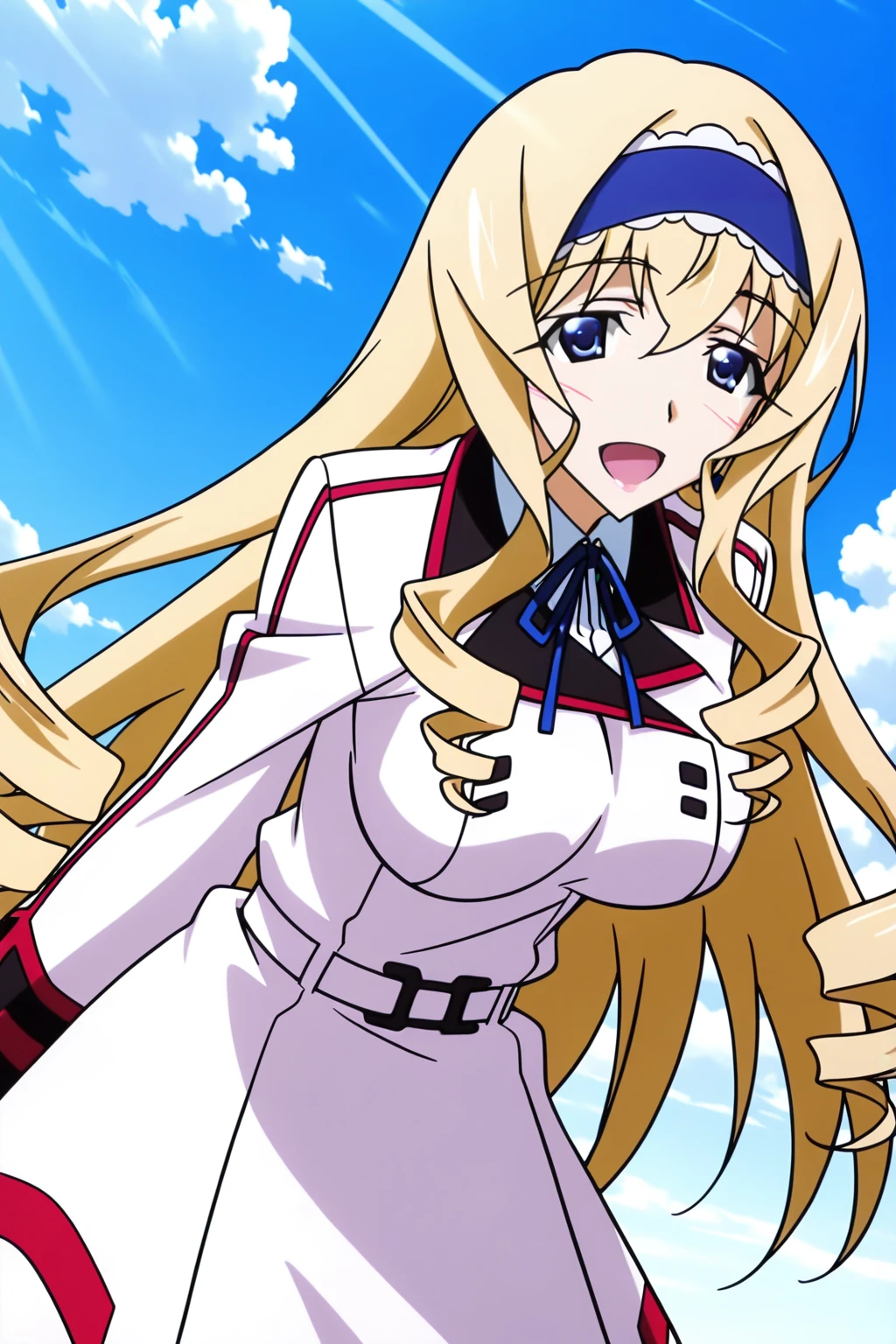 anime screenshot, anime coloring, infinite stratos, cecilia alcott, 1girl, solo, blonde hair, long hair, drill hair, blue eyes, large breasts, infinite stratos academy school uniform, blue hairband, frilled hairband, white dress, long dress, white shirt, collared shirt, long sleeves, neck ribbon, blue ribbon, white belt, looking at viewer, smile, open mouth, arms behind back, leaning forward, cowboy shot, outdoors, blue sky, masterpiece, best quality, high quality, highres, absurdres, <lora:cecilia_alcott_ILXL:0.9>
