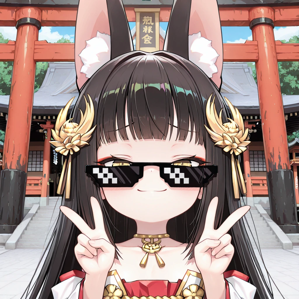 lazypos,  <lora:Deal_with_It_Glasses:1> dealwithit_glasses, 1girl, nagato \(azur lane\), double v, outdoors, temple, torii, smug, sunglasses,