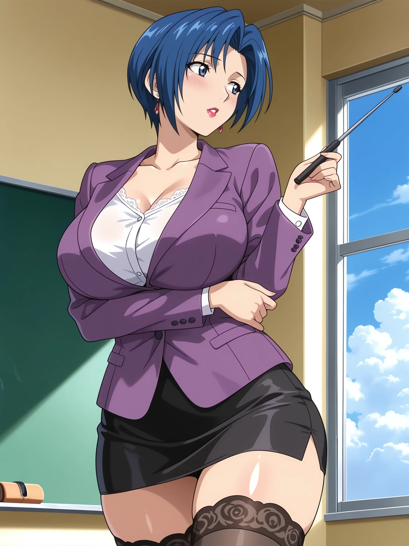 masterpiece, best quality, highres, absurdres, very awa, shiny skin,
Aojika Mizuho, standing, arm under breasts, holding own arm, hand up, holding pointer, cowboy shot,
1girl, mature female, solo,
looking to the side, blush, parted lips, head tilt, turning head, sideways glance,
blue hair, short hair, blue eyes, earrings, lipstick,
purple blazer, white shirt, black skirt, pencil skirt, black thighhighs, lace trim,
collarbone, curvy, large breasts, thick thighs,
indoors, room, window, day, blue skies, clouds, chalkboard,
<lora:Aojika Mizuho NoobAIXL EPS IL:1>