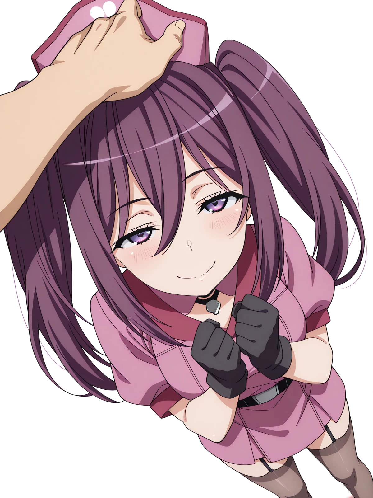masterpiece, best quality, amazing quality,, <lora:mitori-kouzaka-s3-illustriousxl-lora-nochekaiser:1>, mitori kouzaka, long hair, twintails, purple eyes, purple hair, sidelocks, mature female, medium breasts, anime screencap,, thighhighs, gloves, hat, black gloves, nurse cap, nurse,, <lora:headpat-pov-illustriousxl-lora-nochekaiser:1>, headpat pov, blush, from above, looking up, pov, pov hands, headpat, half-closed eyes, looking at viewer, hands up, clenched hands, smile,, space elevator, tall, space, futuristic, technology, cowboy shot, solo, looking at viewer, <lora:transparent-background-illustriousxl-lora-nochekaiser:1>, transparent background, simple background, white background