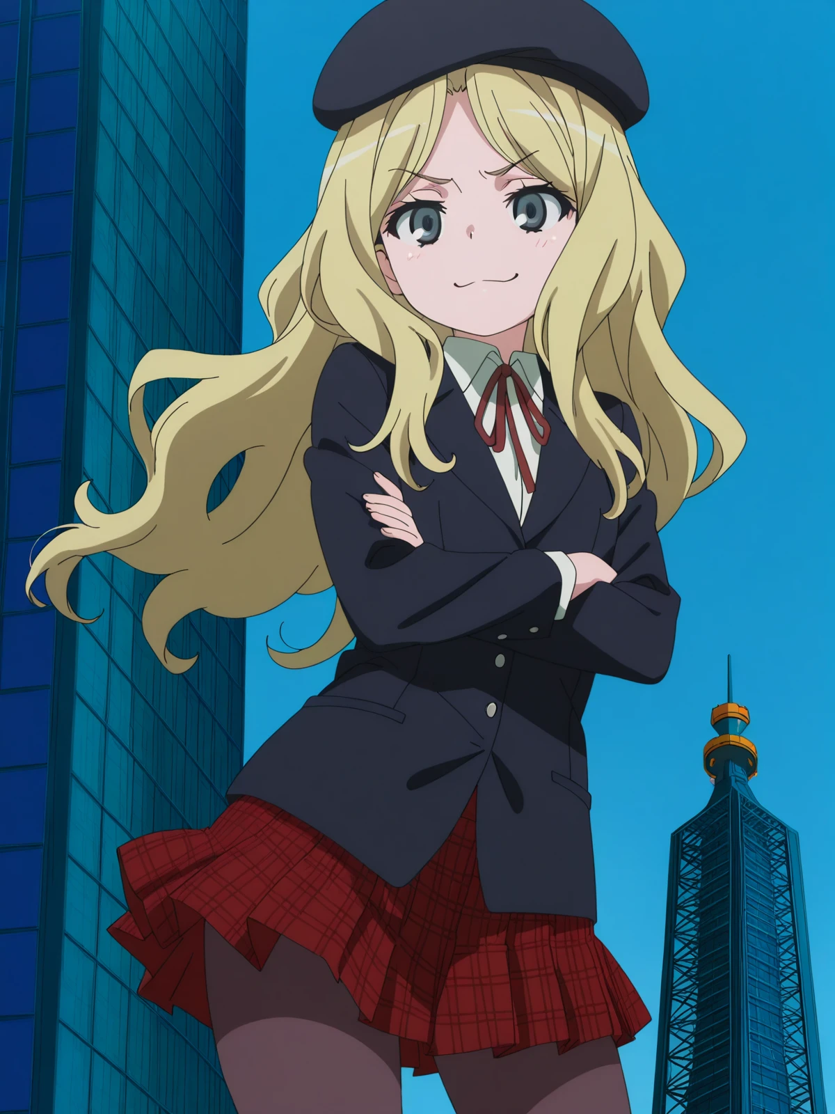 masterpiece, best quality, amazing quality,, <lora:frenda-seivelun-s3-illustriousxl-lora-nochekaiser:1>, frenda seivelun, long hair, blonde hair, black eyes, anime screencap, skirt, hat, ribbon, jacket, pantyhose, plaid, beret, plaid skirt, blazer,, crossed arms, smug, control tower, high, air_traffic, windows, staff, cowboy shot, solo, looking at viewer,