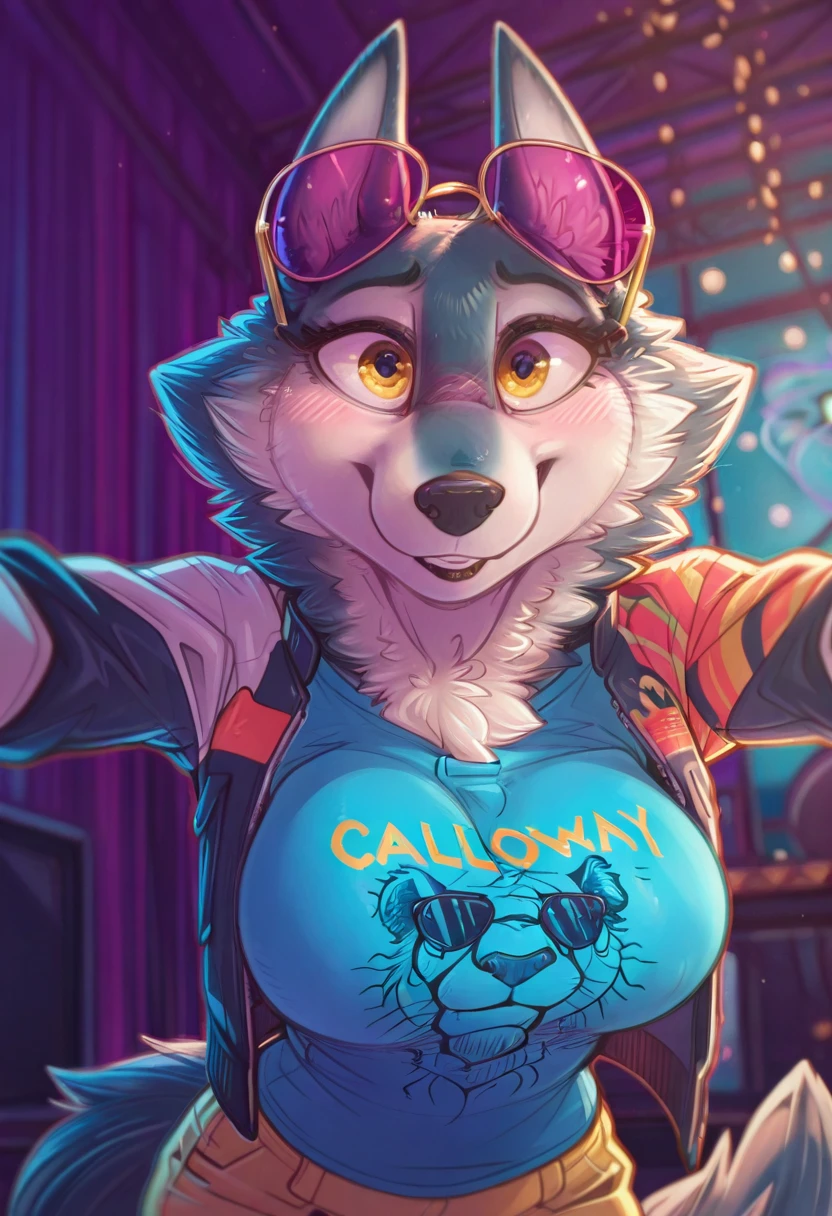 lazypos, best quality, amazing quality, masterpiece, 1girl, looking at viewer, solo, cute, blush, smile, <lora:PorshaIL:1>, porsha, yellow eyes, white-blue fur, wolf girl, wolf ears, wolf tail, blue t-shirt, lion head print calloway t-shirt, jacket, yellow pants, sneakers, sunglasses, eyewear on head, purple eyewear, indoors, stage, party lights, contour_deepening, depth of field, huge filesize,large breasts, blurry background, close, dimwitdog, <lora:dimwitdogSDIL:1>