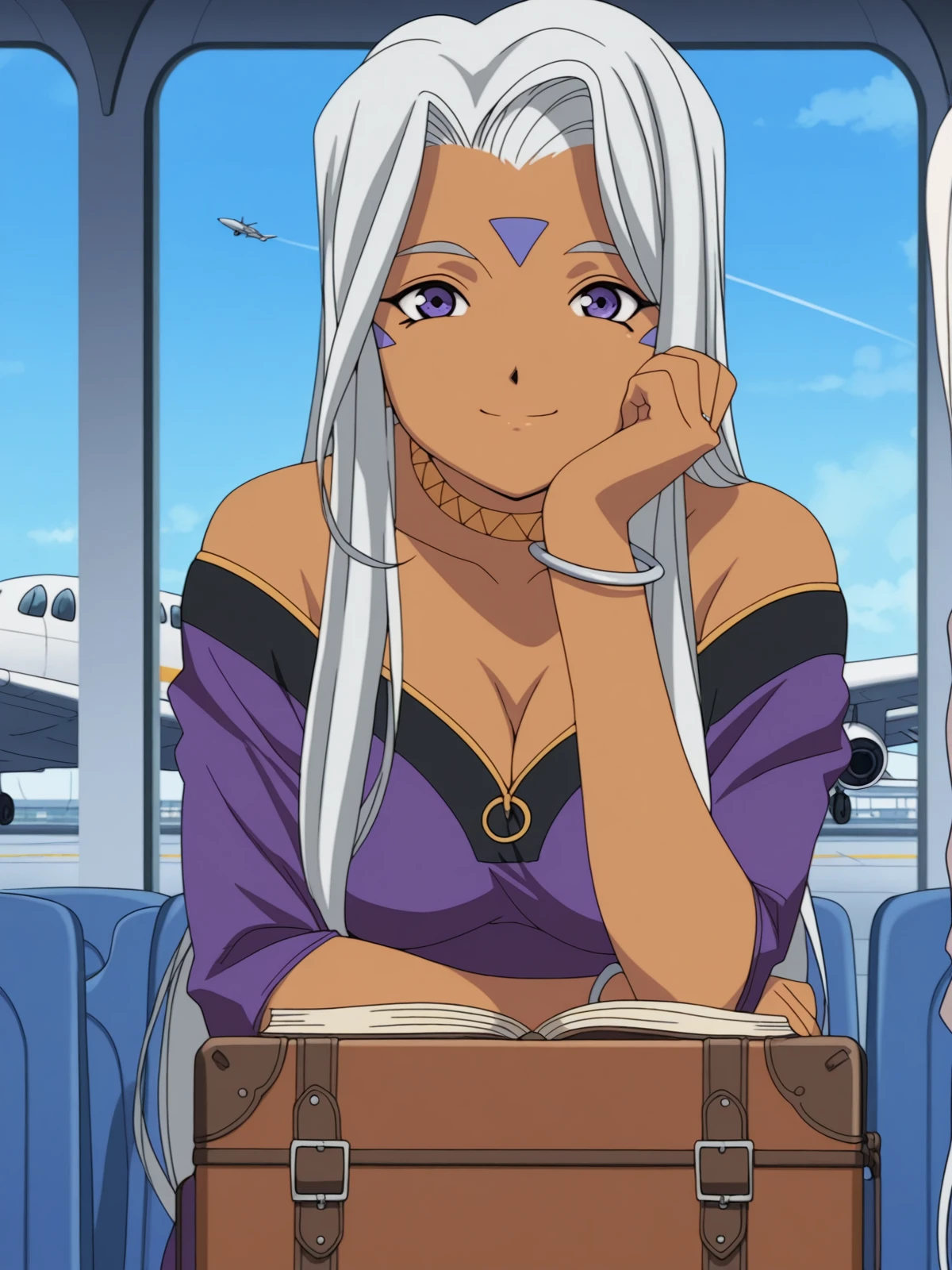 masterpiece, best quality, amazing quality,, <lora:goddess-urd-s2-illustriousxl-lora-nochekaiser:1>, goddess urd, long hair, purple eyes, white hair, dark skin, dark-skinned female, facial mark, forehead mark, mature female, , anime screencap, cleavage, shoulders, jewelry, choker, off shoulder, bracelet, dress, purple dress,, head rest, smile,, airport, waiting area, suitcase, flight delayed, passengers, reading book, cowboy shot, solo, looking at viewer,