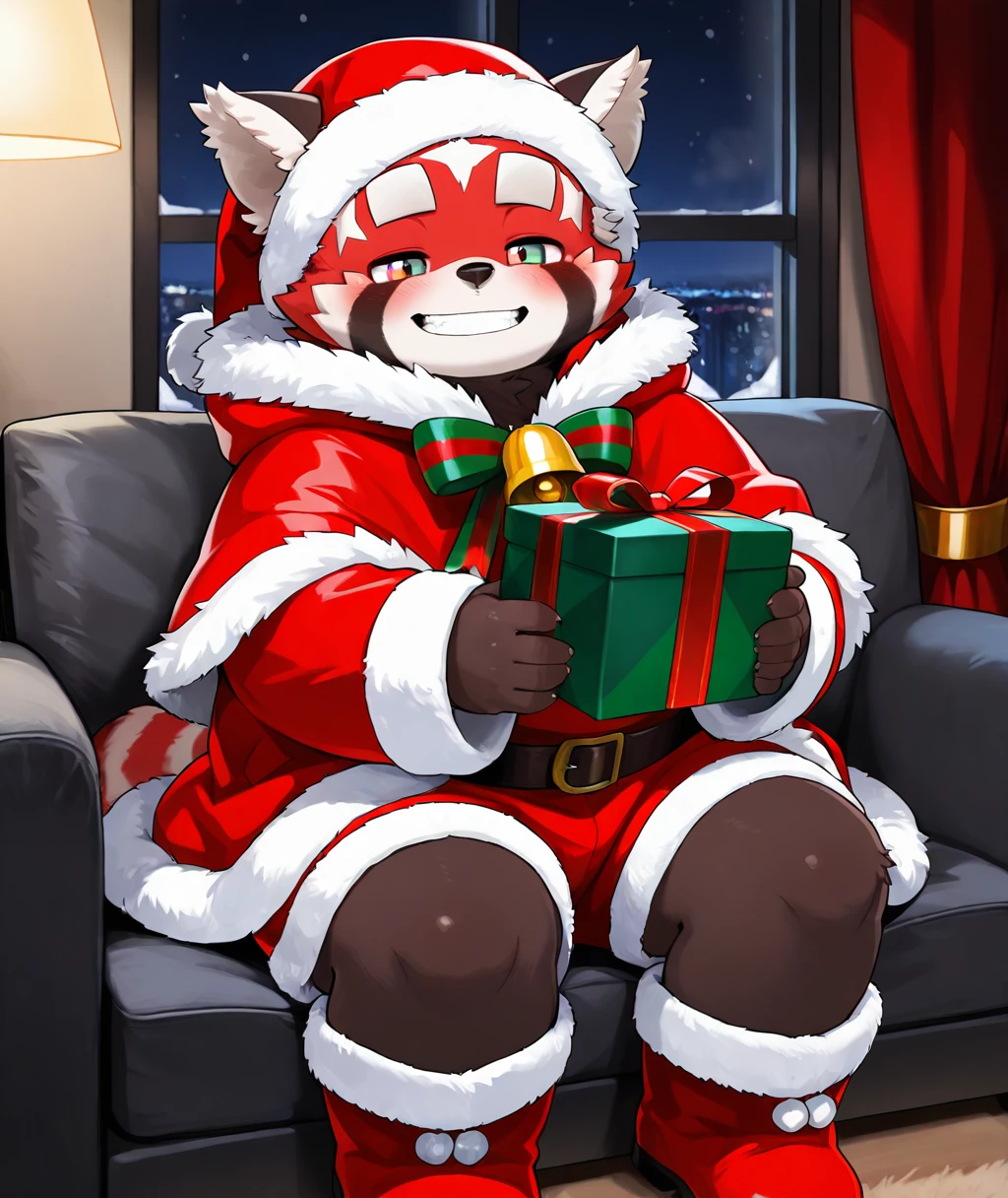 best quality, masterpiece, amazing quality, absurdres, newest, highres, dreamlike atmosphere, dreamlike majestic, night, detailed, detailed color,
<lora:zhurong-v1-15:1> (tas-zhurongb, red_panda), 1boy, brown fur, chubby, young, aged_down:0.5, parted lips, chubby face,
, fur-trimmed_capelet, ((red coat, fur-trimmed_coat)), neck_bell, brown gloves, big belt, high_belt, red fur-trimmed shorts, red fur-trimmed_boots, indoors, night, dark, christmas, (oversized coat), sitting, gift box, santa costume, long sleeves, holding gift box, happy, half-closed eyes, santa costume, santa hat,