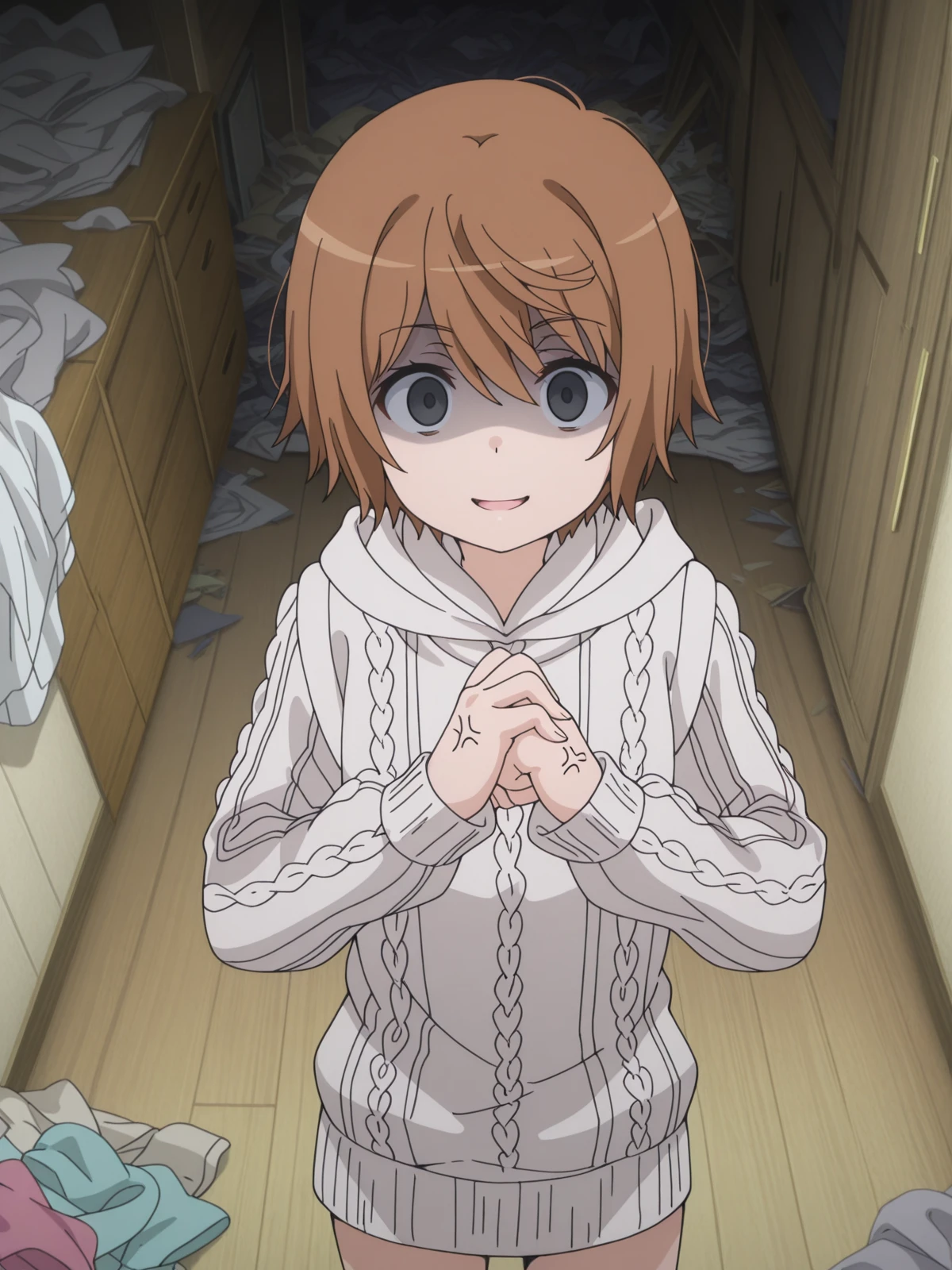 masterpiece, best quality, amazing quality,, <lora:saiai-kinuhata-s3-illustriousxl-lora-nochekaiser:1>, saiai kinuhata, short hair, brown hair, black eyes, anime screencap, hood, sweater, hoodie,, <lora:cracking-knuckles-illustriousxl-lora-nochekaiser:1>, cracking knuckles, shaded face, open mouth, looking at viewer, looking down, fist in hand, own hands together, anger vein, false smile,, messy room, clutter, clothes_on_floor, disorganization, laundry, cowboy shot, solo, looking at viewer,