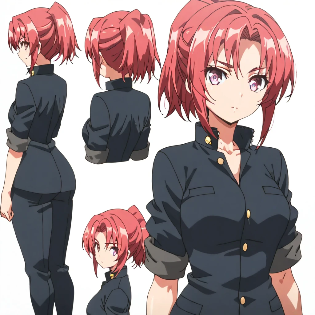 masterpiece,high score,great score,absurdres,,anime coloring,anime screenshot,1girl,solo,looking at viewer,<lora:character_Sheet_XL> character sheet, multiple views, white background:0.5,<lora:NagisaKiryuu ag4o:1> nagisakiryuu, red hair, short hair, ponytail, pink eyes,gakuran,sleeves rolled up,pants,