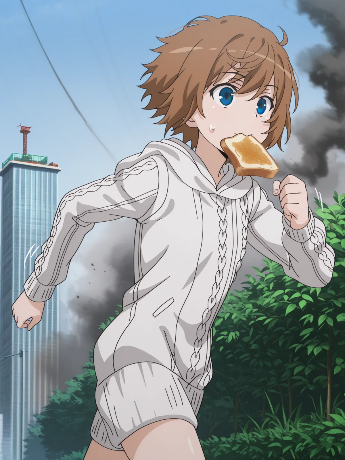 masterpiece, best quality, amazing quality,, <lora:saiai-kinuhata-s3-illustriousxl-lora-nochekaiser:1>, saiai kinuhata, short hair, brown hair, black eyes, anime screencap, hood, sweater, hoodie,, <lora:food-in-mouth-running-illustriousxl-lora-nochekaiser:1>, food in mouth running, food in mouth, running, bread, bread slice, food, toast in mouth, toast, sweatdrop, motion lines, motion blur, outdoors, cowboy shot, from side, cooling tower, smoke, power, plant, height, cowboy shot, solo, looking at viewer,