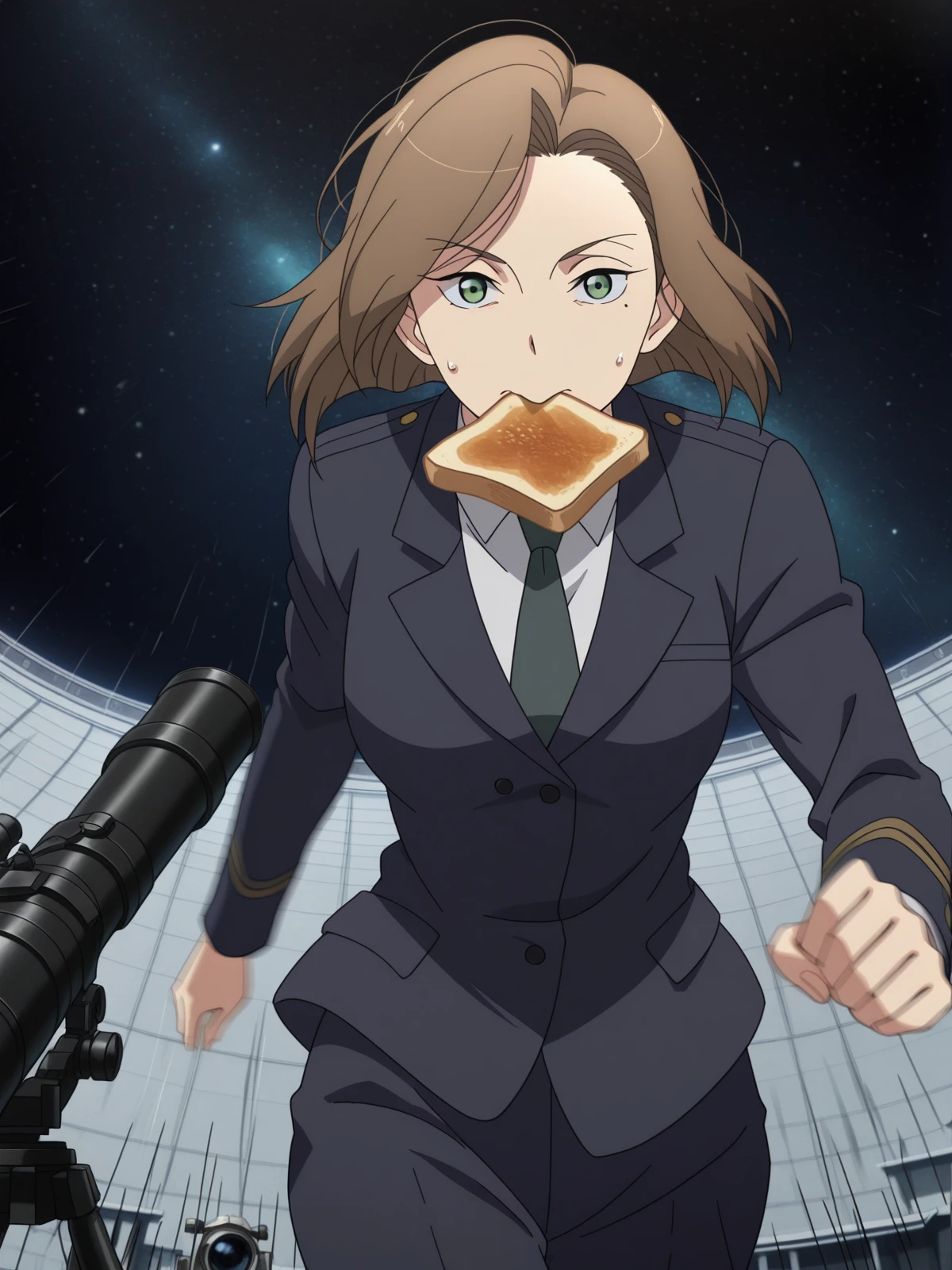 masterpiece, best quality, amazing quality,, <lora:darzana-magbaredge-s1-illustriousxl-lora-nochekaiser:1>, darzana magbaredge, short hair, brown hair, green eyes, mole, mature female, medium breasts, anime screencap, necktie, uniform, formal, suit, <lora:food-in-mouth-running-illustriousxl-lora-nochekaiser:1>, food in mouth running, food in mouth, running, bread, bread slice, food, toast in mouth, toast, sweatdrop, motion lines, motion blur, outdoors, cowboy shot, straight-on, observatory, telescope, stars, space, roof, cowboy shot, solo, looking at viewer,