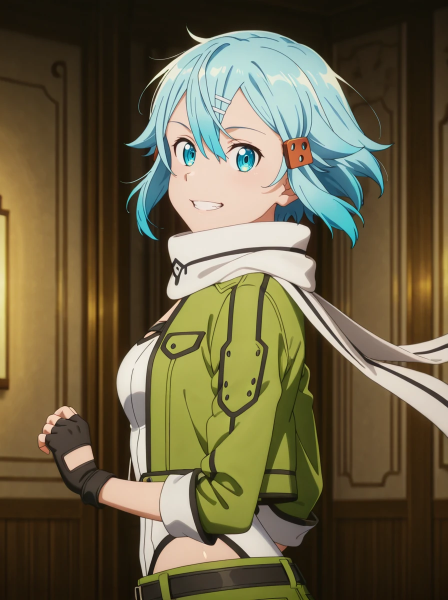 masterpiece, best quality, amazing quality, very aesthetic, absurdres, newest,shiny skin,anime screenshot,  anime_coloring anime coloring, anime shading , shiny skin, looking at viewer, , indoors night moonlight, bedroom <lora:sinonSAO:1>Sinongungale, 1girl, solo, blue eyes, fingerless gloves,hairclip scarf, short hair, hair ornament, hairclip, , , blue hair, black gloves, , green jacket, green_pants , from side, looking at viewer, smile, floating hair,, clenched teeth, happy, upper body,white scarf, white leotard,  open jacket,